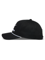 Alpinestars Combo Logo Snapback, gorra deportiva negra con visera curva, detalle de cuerda blanca y corona estructurada