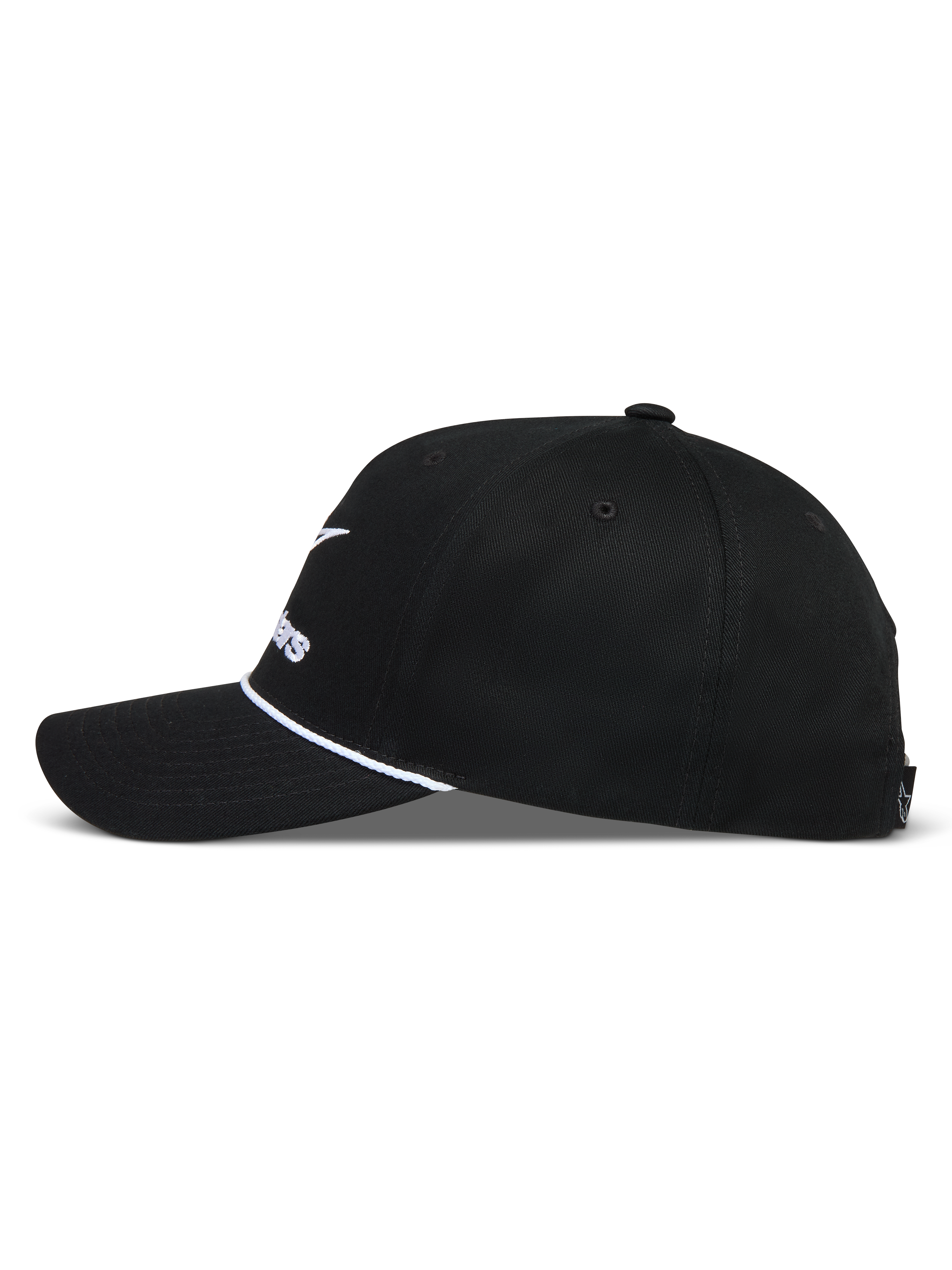 Alpinestars Combo Logo Snapback, gorra deportiva negra con visera curva, detalle de cuerda blanca y corona estructurada