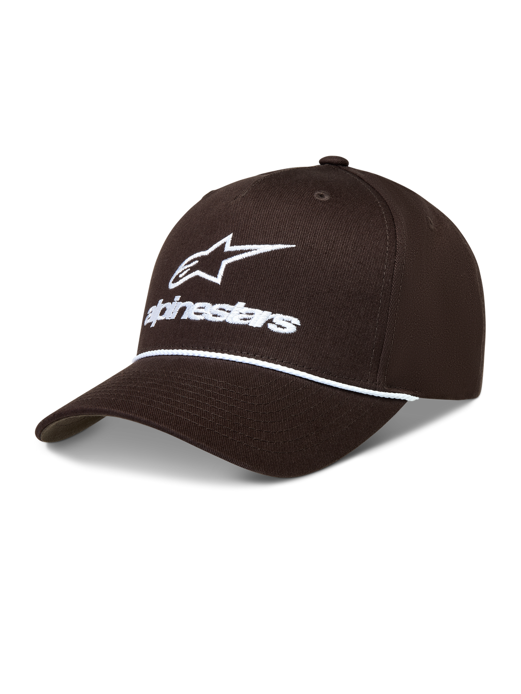 Alpinestars Combo Logo Snapback Gorro, gorra deportiva marrón con logotipo blanco bordado, detalle de cuerda y corona estructurada.