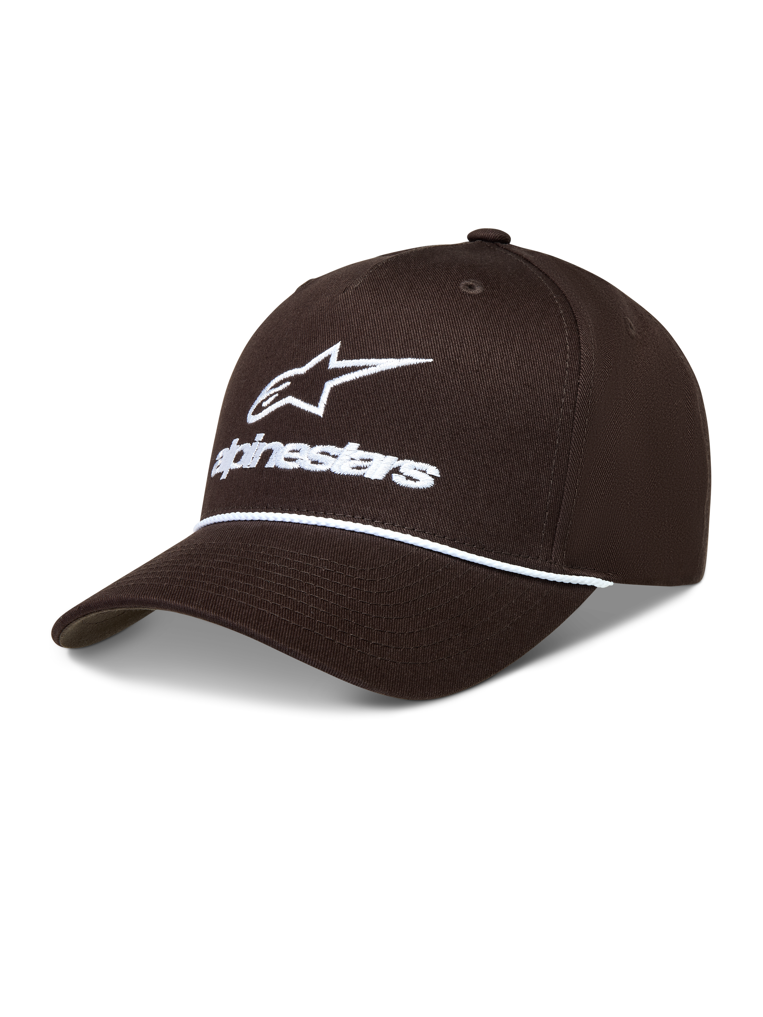 Alpinestars Combo Logo Snapback Gorro, gorra deportiva marrón con logotipo blanco bordado, detalle de cuerda y corona estructurada.