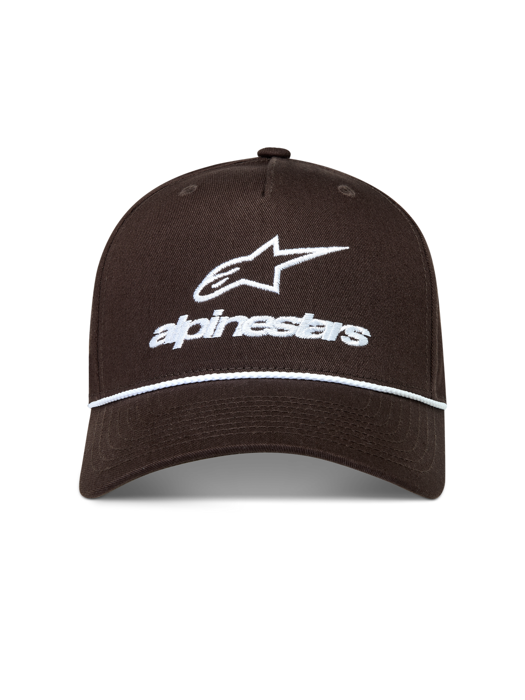 Alpinestars Combo Logo Snapback Gorro, gorra marrón de sarga con logotipo bordado blanco y detalle de cuerda en la visera curva