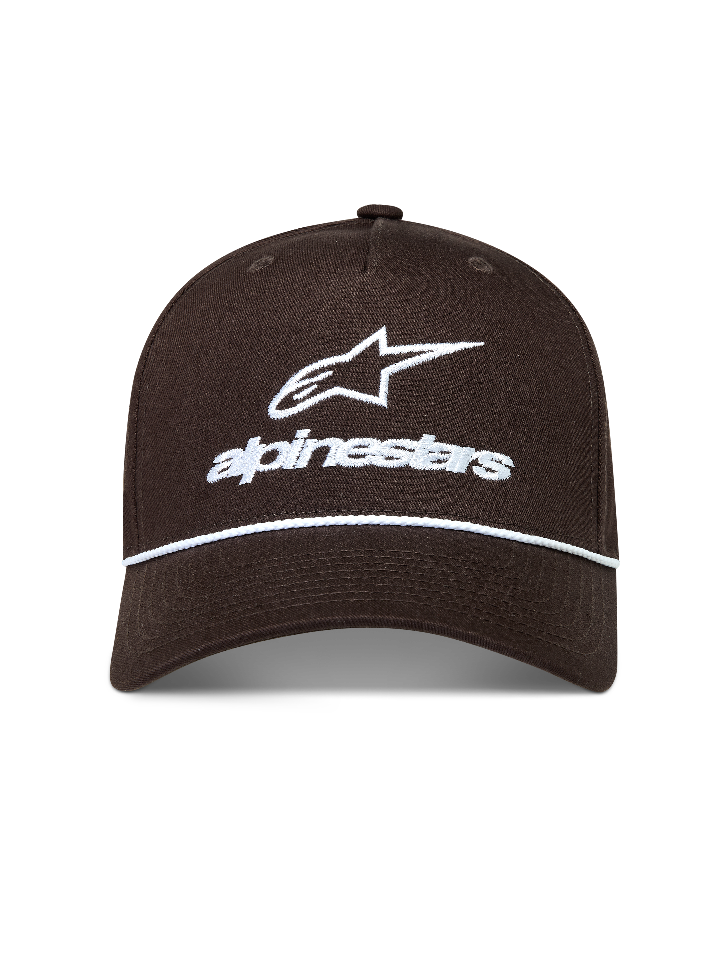 Alpinestars Combo Logo Snapback Gorro, gorra marrón de sarga con logotipo bordado blanco y detalle de cuerda en la visera curva