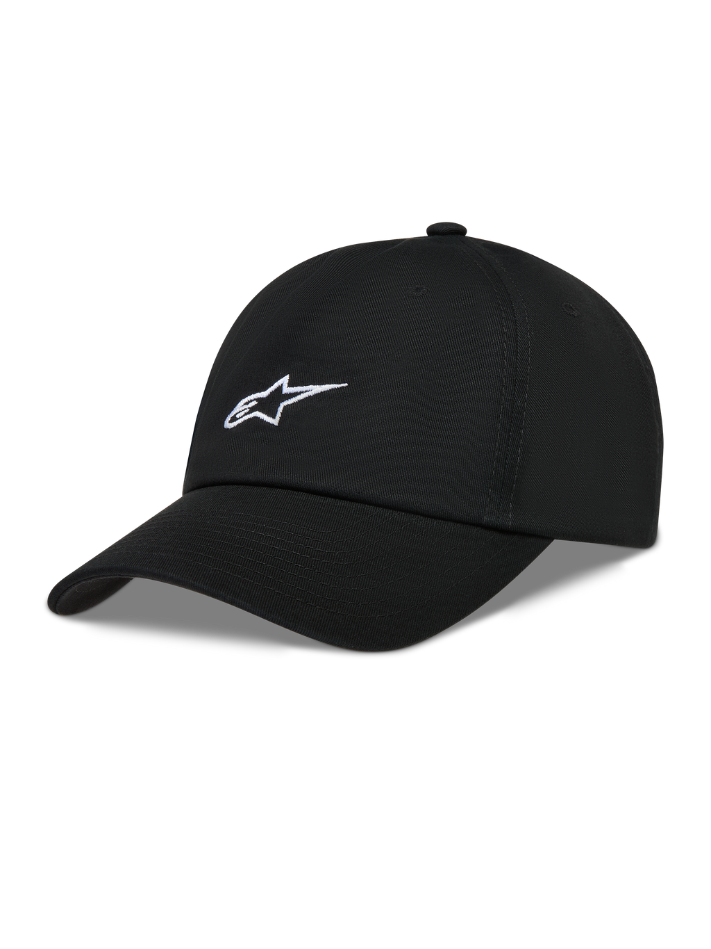 Alpinestars Dylan Dad Gorro, gorra negra de sarga con logotipo Astars blanco bordado y visera curva, estilo casual sportswear