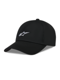 Alpinestars Dylan Dad Gorro, gorra negra de sarga con logotipo Astars blanco bordado y visera curva, estilo casual sportswear