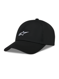 Alpinestars Dylan Dad Gorro, gorra negra de sarga con logotipo Astars blanco bordado y visera curva, estilo casual sportswear