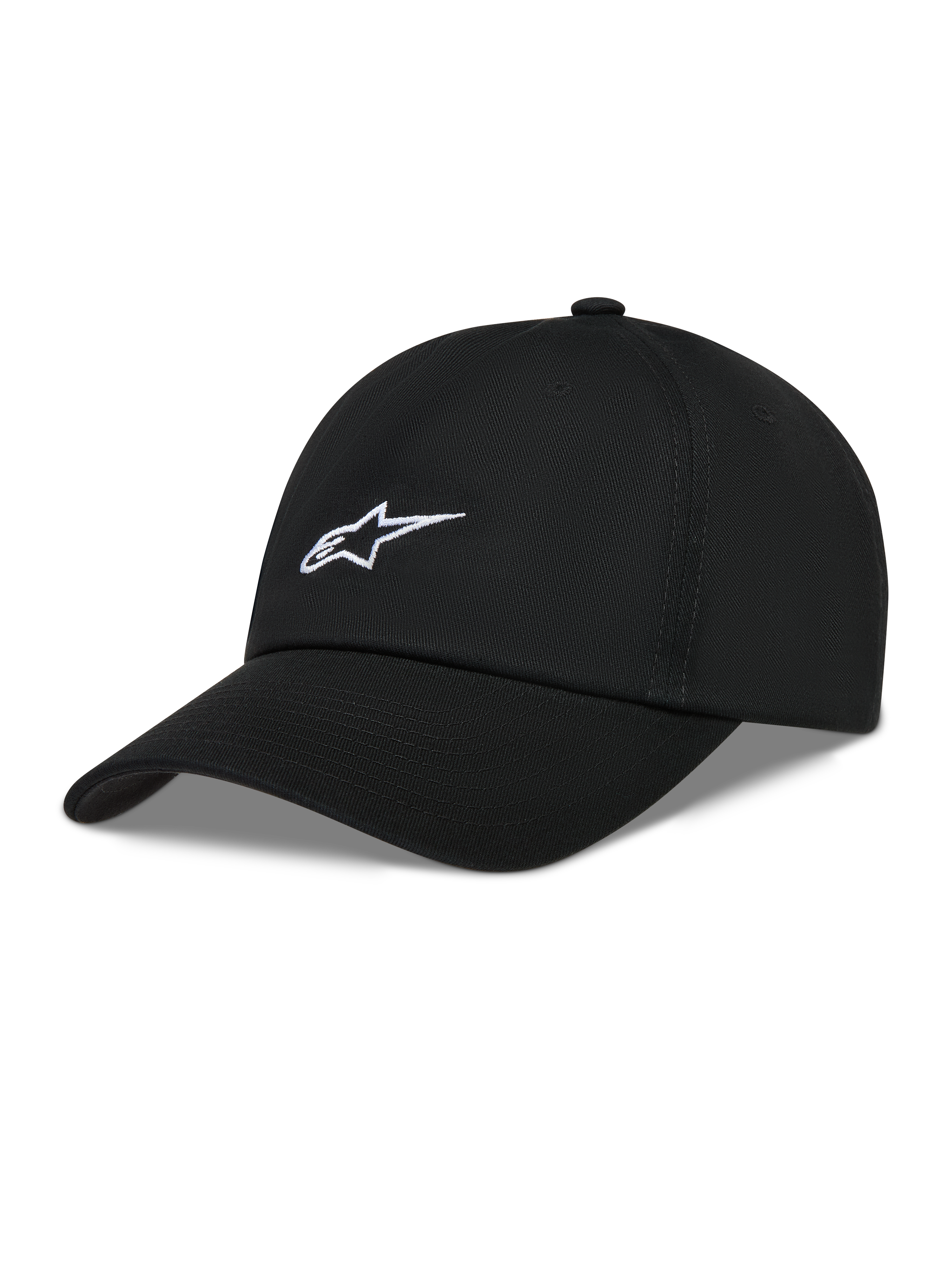 Alpinestars Dylan Dad Gorro, gorra negra de sarga con logotipo Astars blanco bordado y visera curva, estilo casual sportswear