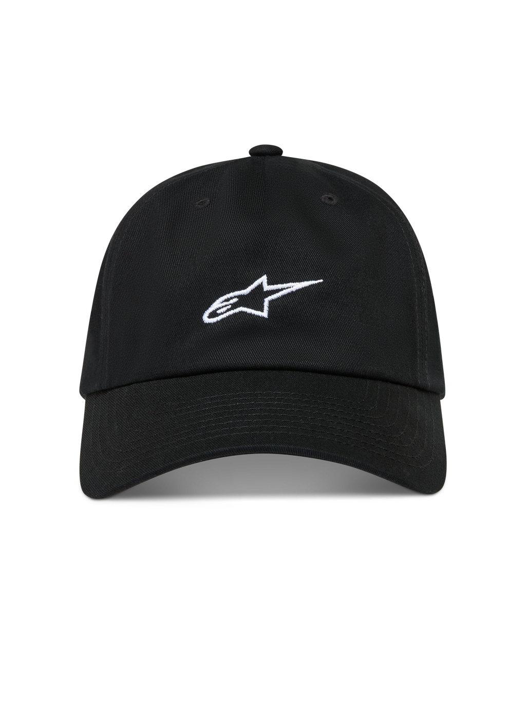 Alpinestars Dylan Dad Gorro, gorra negra de sarga con visera curva, logotipo Astars blanco y corona baja, ropa deportiva