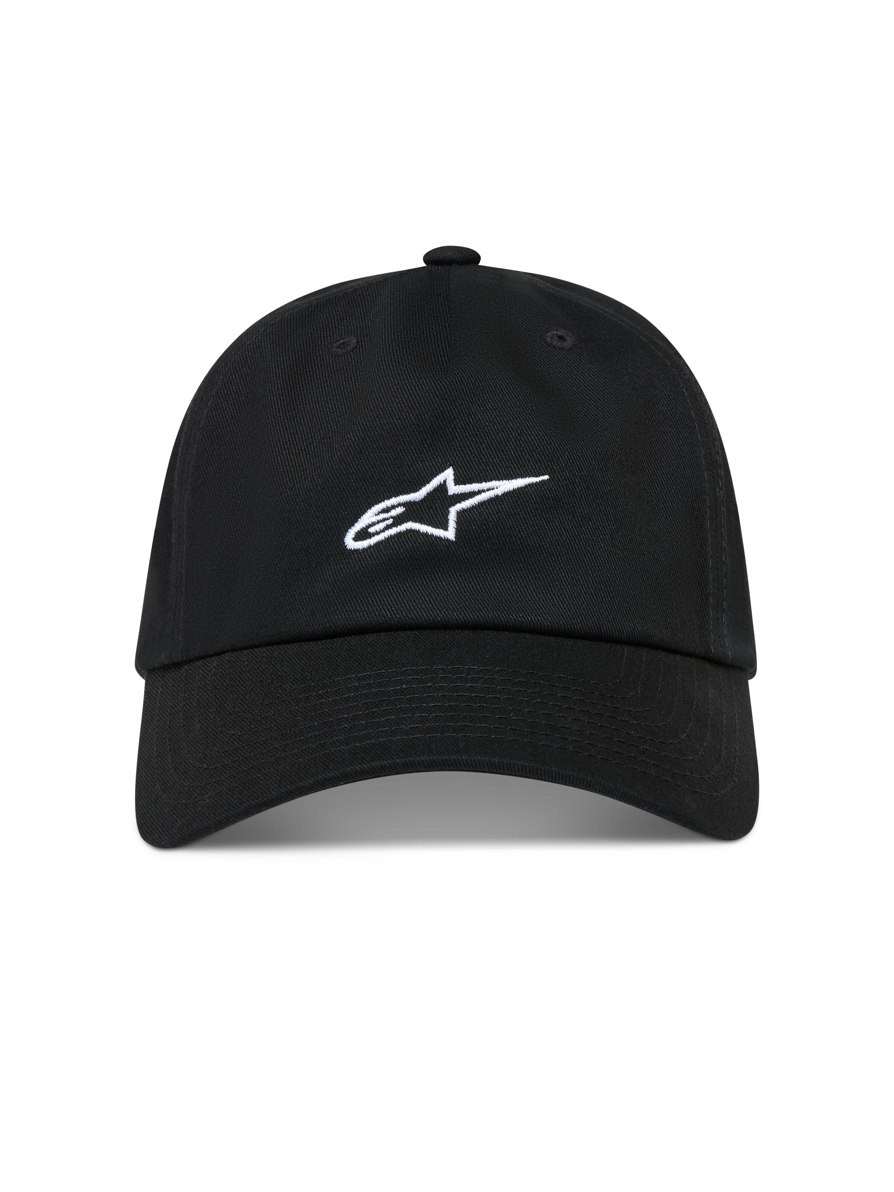 Alpinestars Dylan Dad Gorro, gorra negra de sarga con visera curva, logotipo Astars blanco y corona baja, ropa deportiva