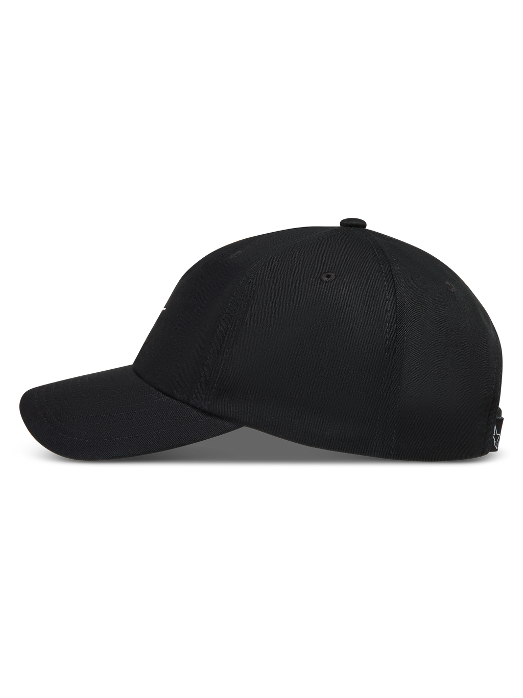 Alpinestars Dylan Dad Gorro, gorra negra de sarga con visera curva y corona no estructurada, vista lateral de perfil