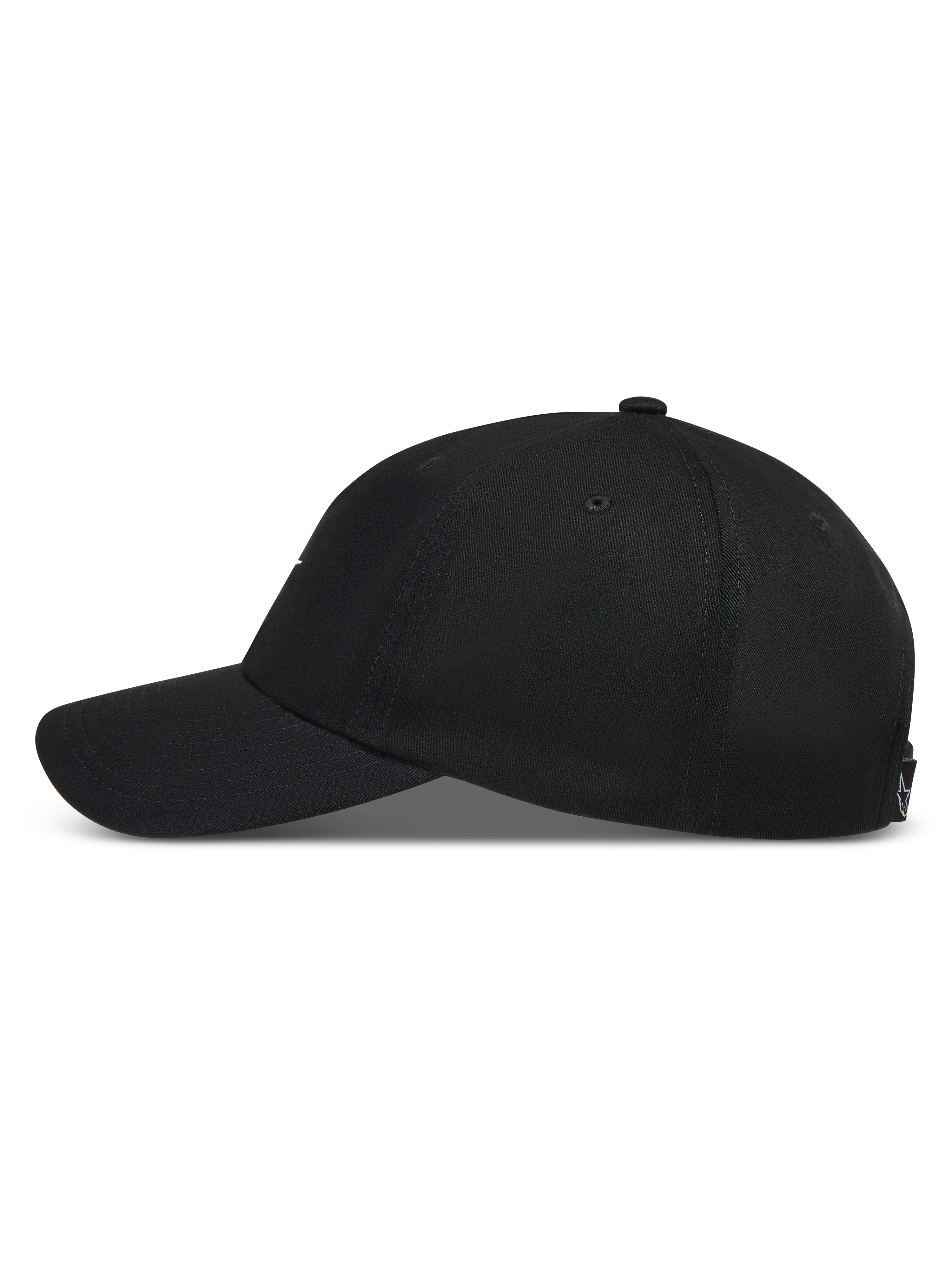 Alpinestars Dylan Dad Gorro, gorra negra de sarga con visera curva y corona no estructurada, vista lateral de perfil