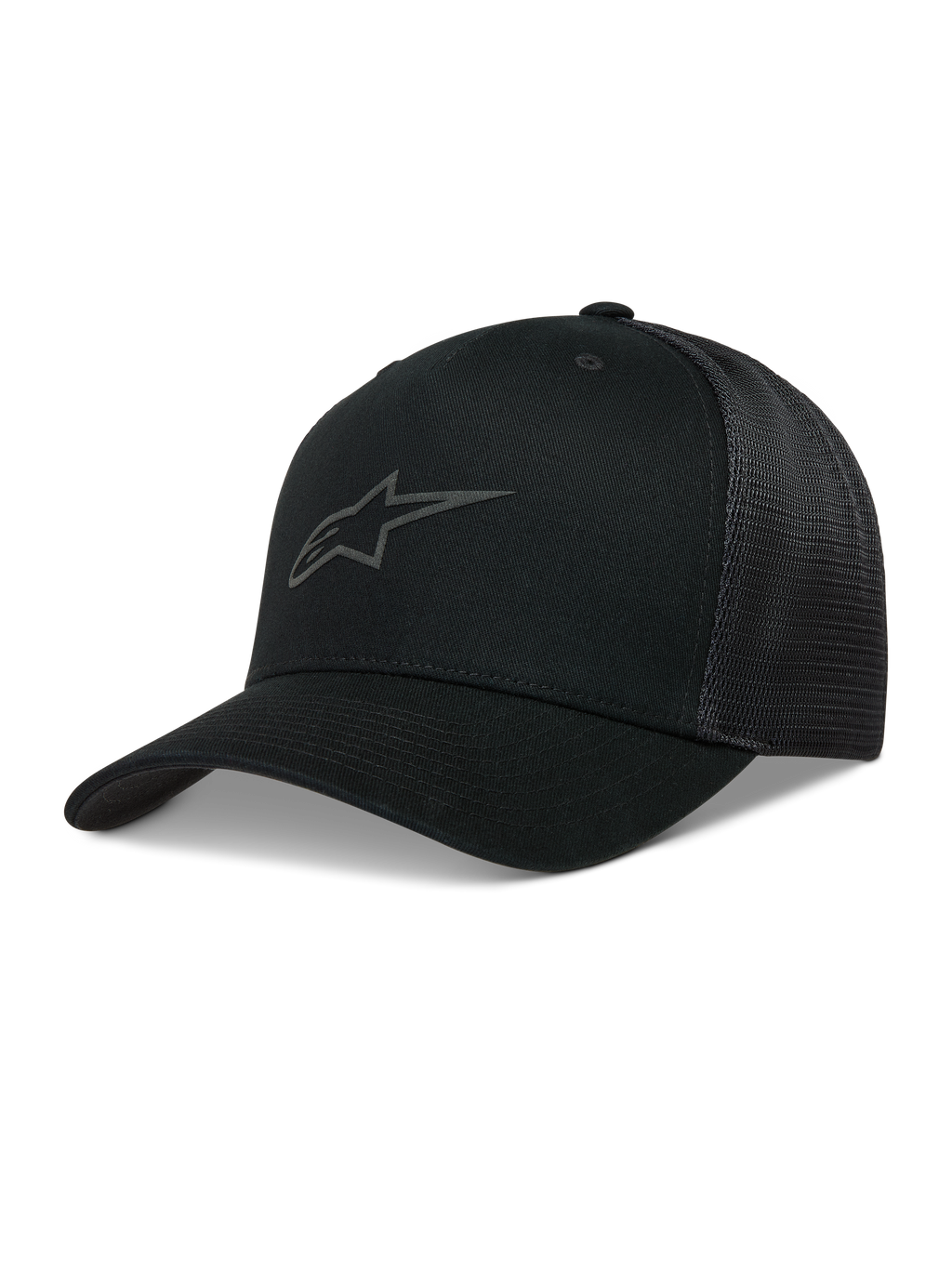 Alpinestars Augment, gorra negra con visera curva, frontal de sarga, malla de diamante y logotipo Astars en relieve