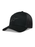 Alpinestars Augment, gorra negra con visera curva, frontal de sarga, malla de diamante y logotipo Astars en relieve