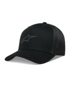 Alpinestars Augment, gorra negra con visera curva, frontal de sarga, malla de diamante y logotipo Astars en relieve