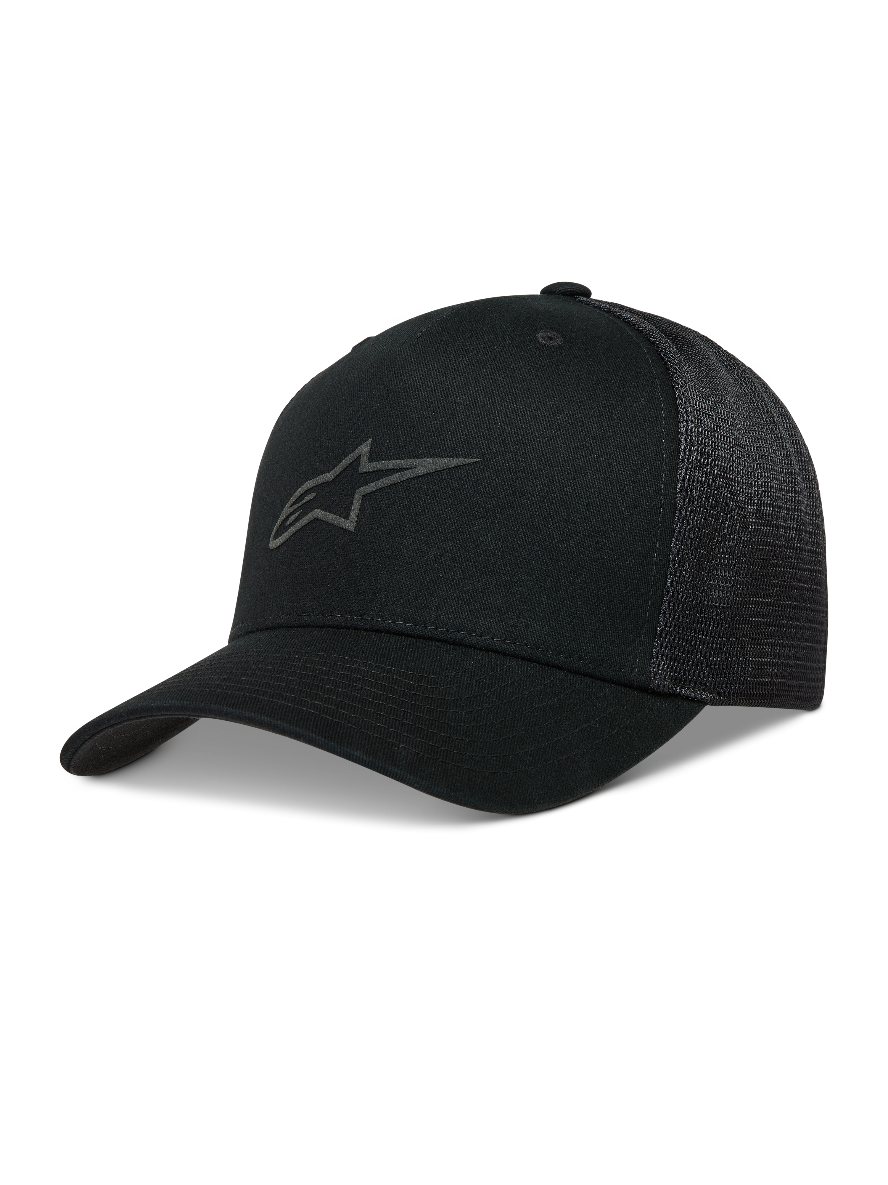 Alpinestars Augment Trucker Hat, black sportswear cap with curved bill, twill front, diamond mesh back, and puff print logo.