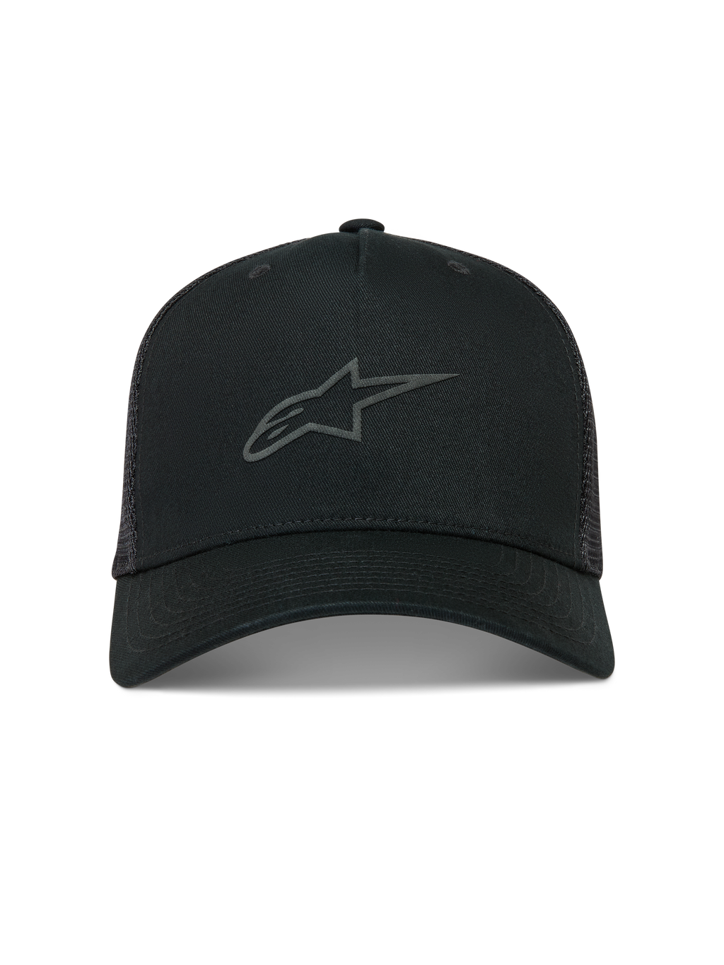 Alpinestars Augment, gorra negra tipo trucker de malla con logotipo Astars en relieve texturizado y visera curva