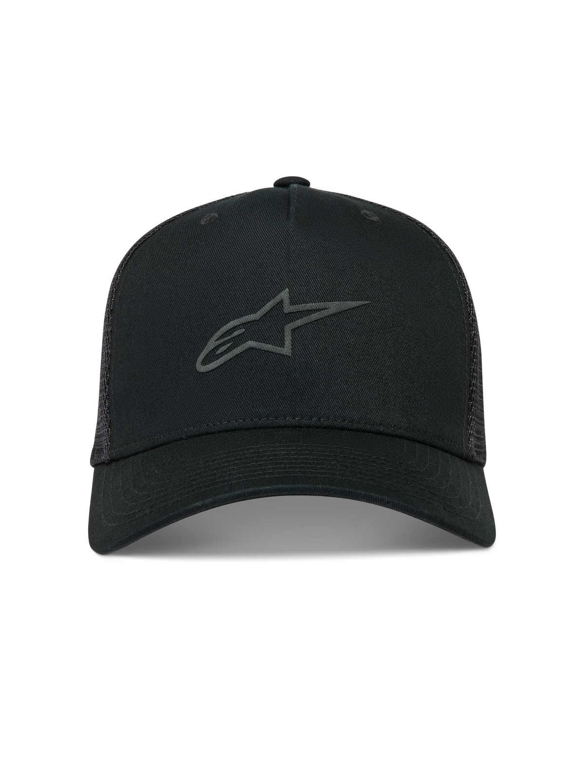 Alpinestars Augment Trucker Hat, Black Sportswear Mesh Cap featuring a curved bill and front textured puff print Astars logo.