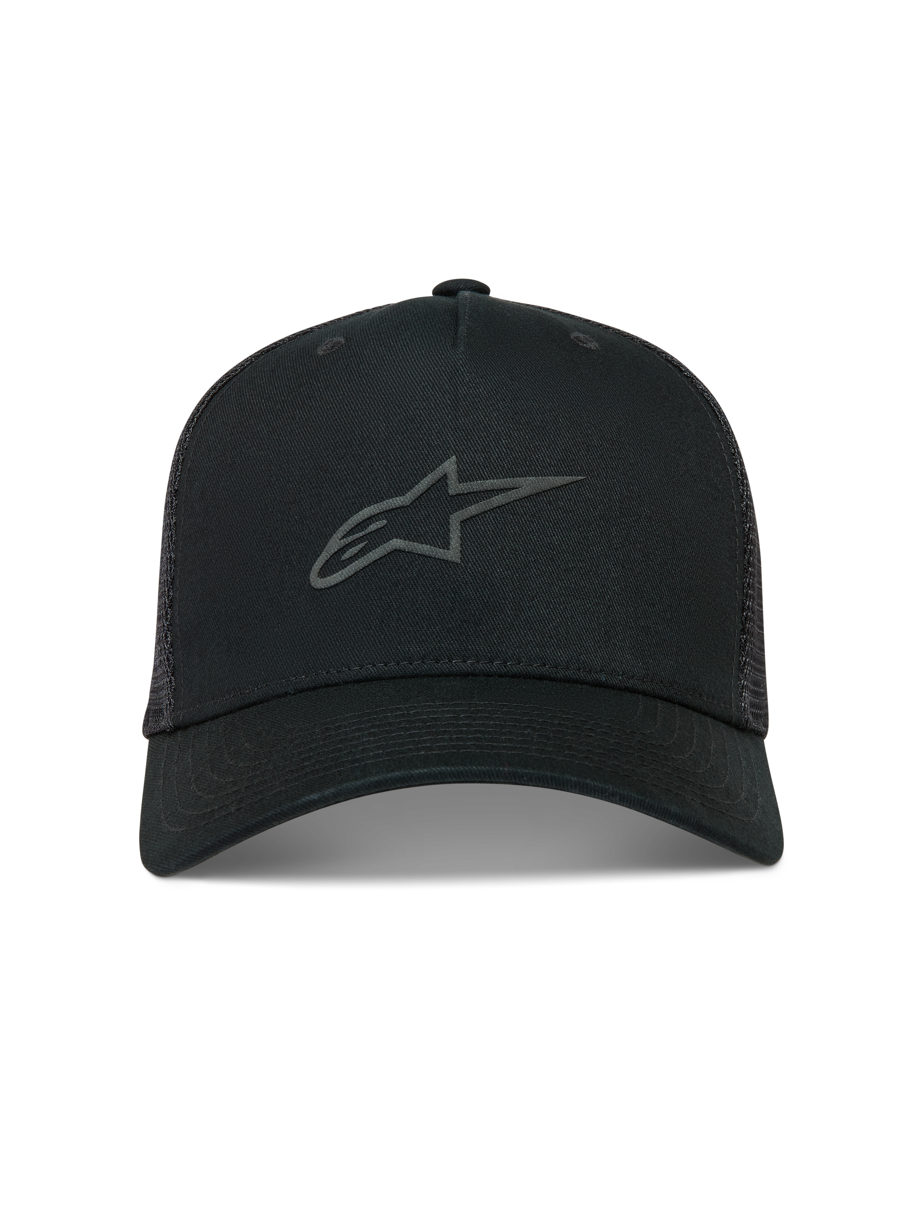 Alpinestars Augment, gorra negra tipo trucker de malla con logotipo Astars en relieve texturizado y visera curva