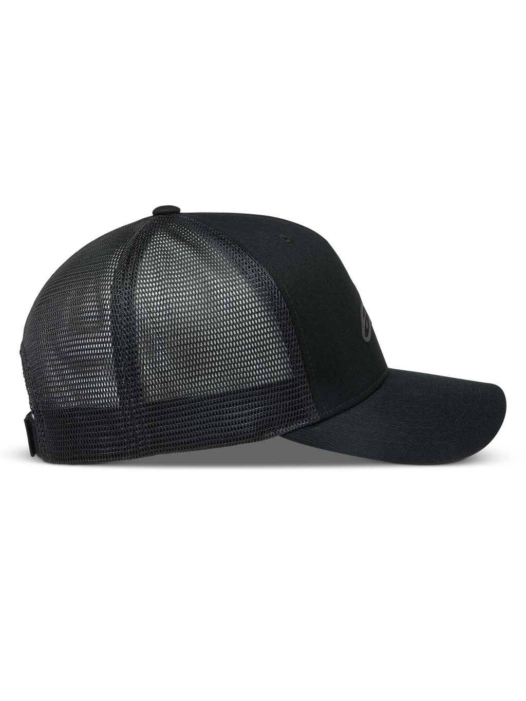 Alpinestars Augment, gorra negra con visera curva, corona estructurada, frontal de sarga y malla trasera de diamante.