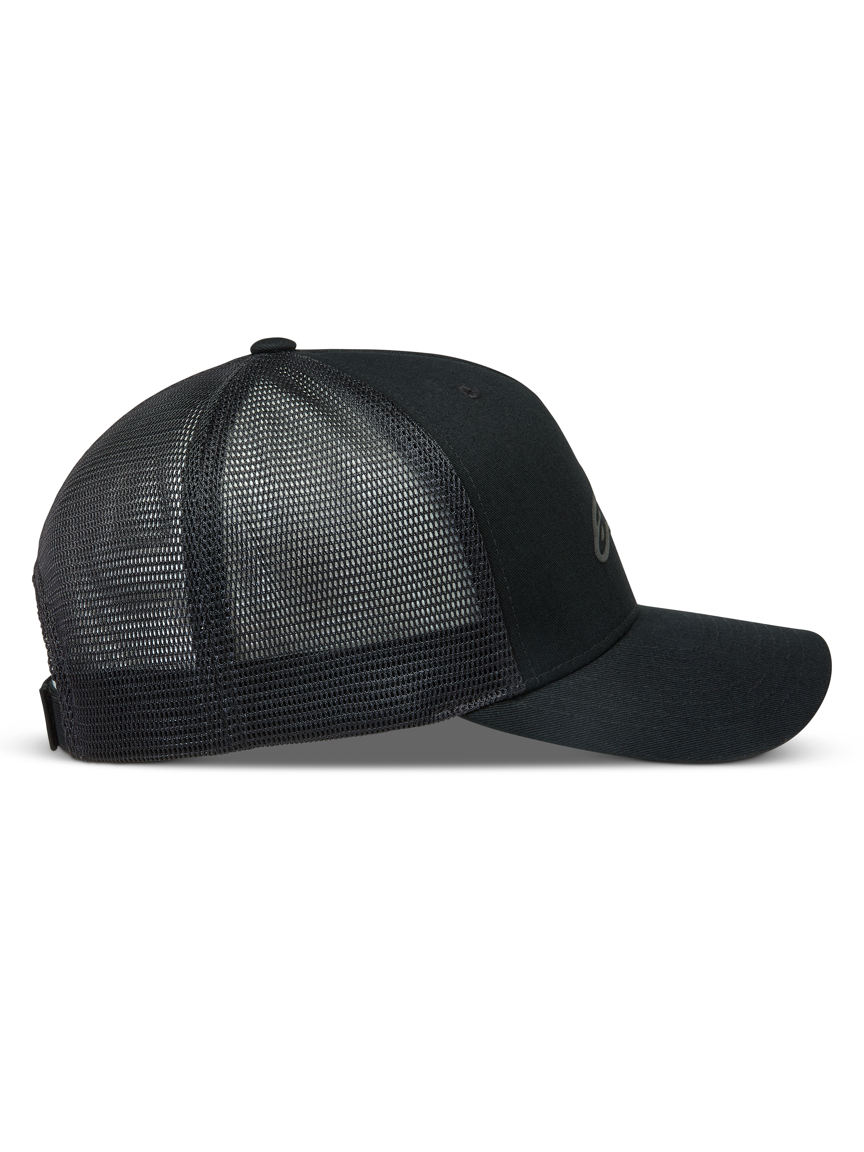 Alpinestars Augment, gorra negra con visera curva, corona estructurada, frontal de sarga y malla trasera de diamante.
