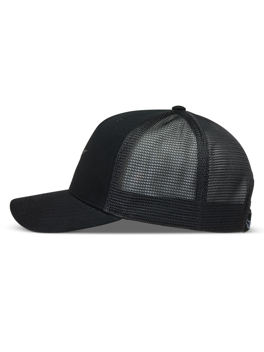 Alpinestars Augment Gorra, vista lateral negra con frontal de sarga, visera curva y malla de diamante transpirable.