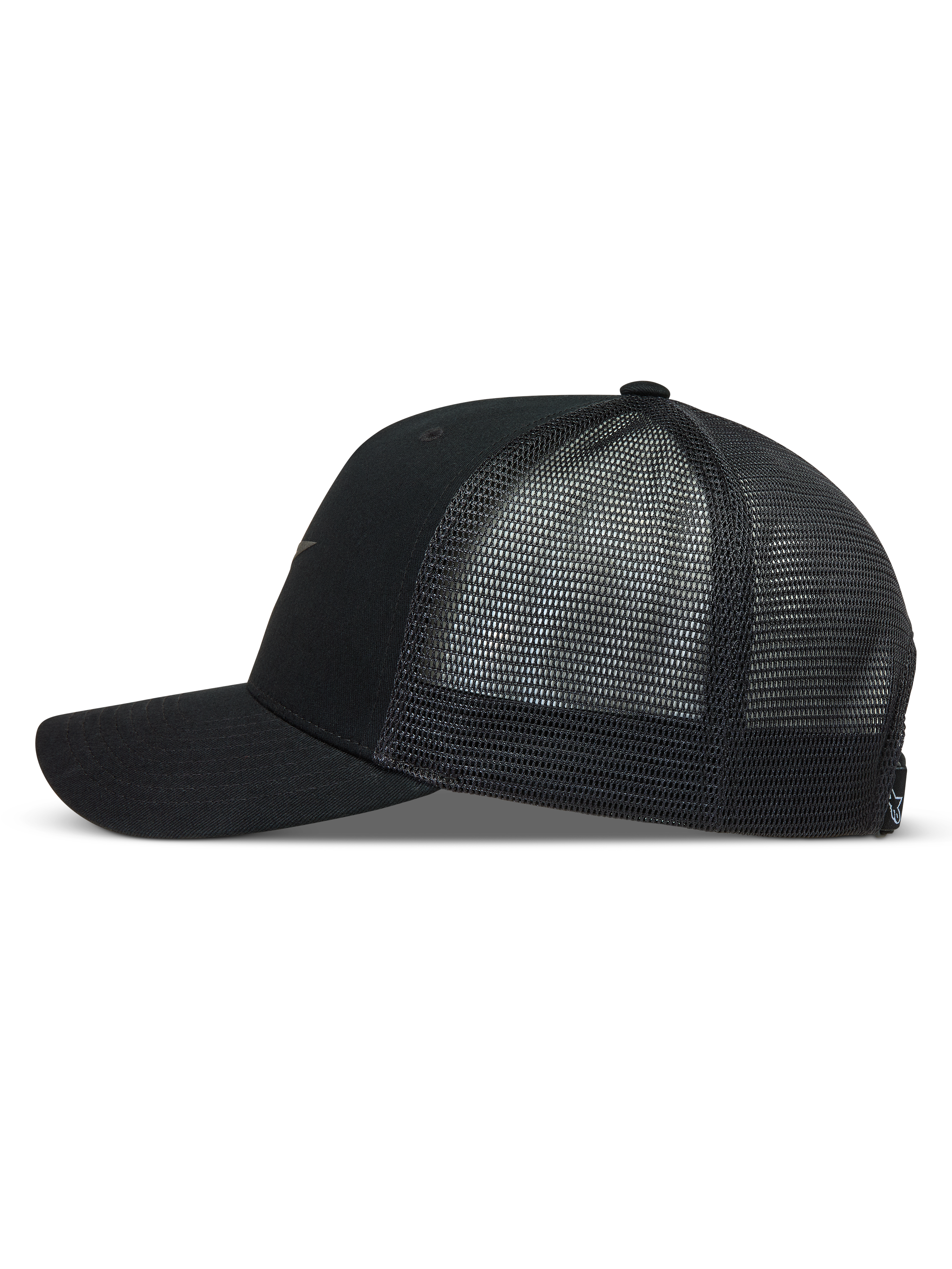 Alpinestars Augment Gorra, vista lateral negra con frontal de sarga, visera curva y malla de diamante transpirable.