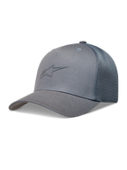 Alpinestars Augment Trucker Hat, Sportswear Cap, Grey, featuring a curved bill, structured crown, and breathable diamond mesh back.