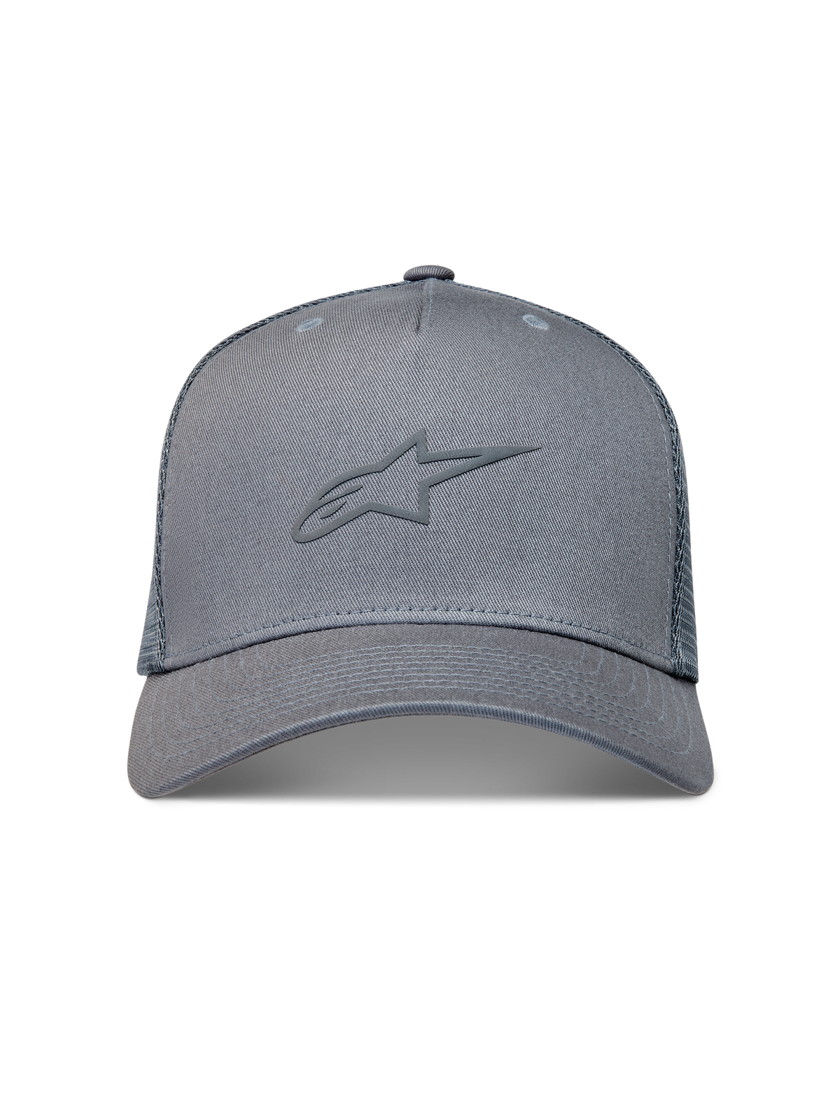 Alpinestars Augment Gorra, gorra de estilo trucker gris con logotipo Astars en relieve, visera curva y malla de diamante.