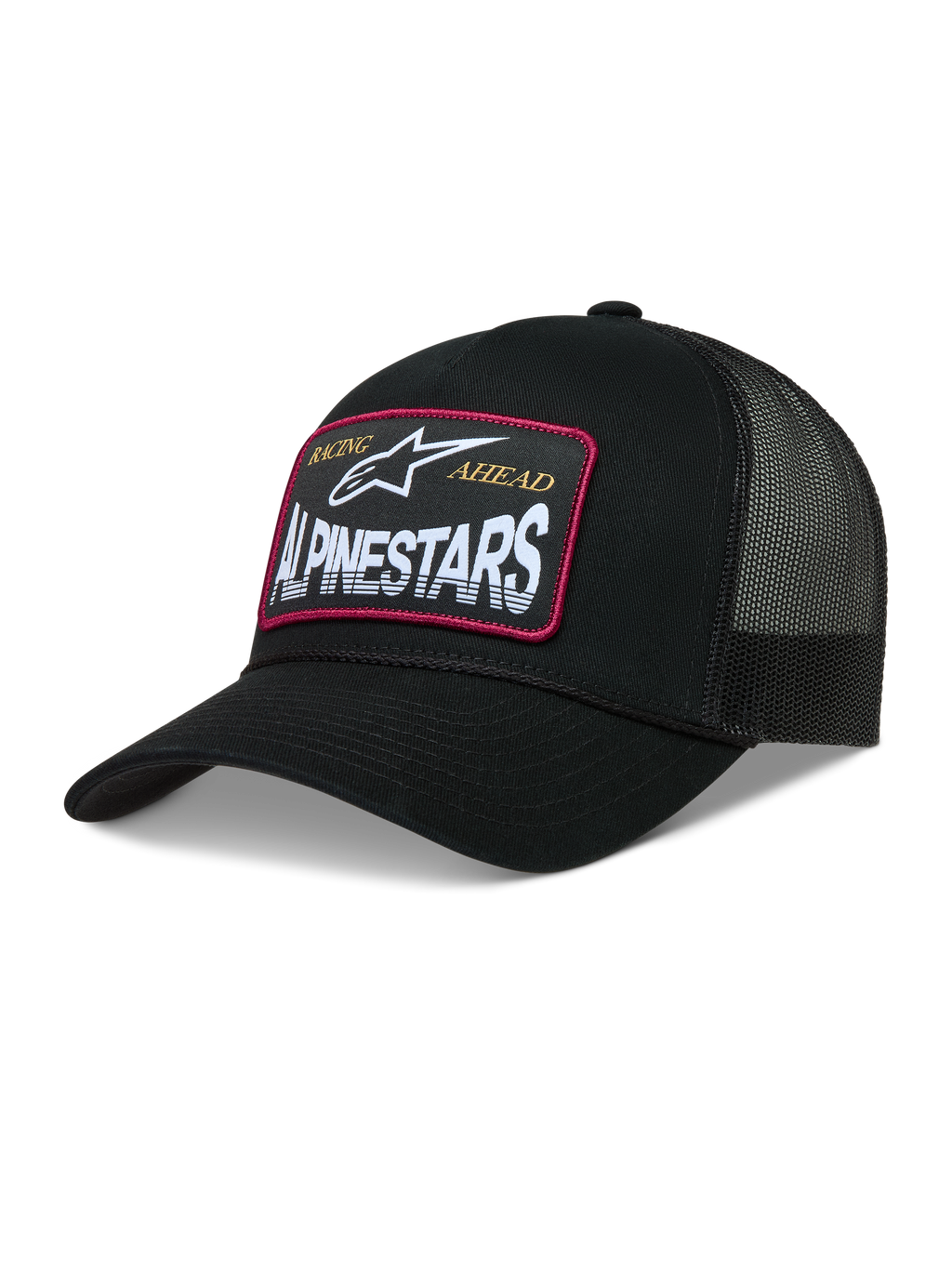 Alpinestars Hemmings, gorra negra con rejilla trasera, parche de logotipo con borde rojo y panel frontal de sarga.