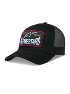 Alpinestars Hemmings, gorra negra con rejilla trasera, parche de logotipo con borde rojo y panel frontal de sarga.