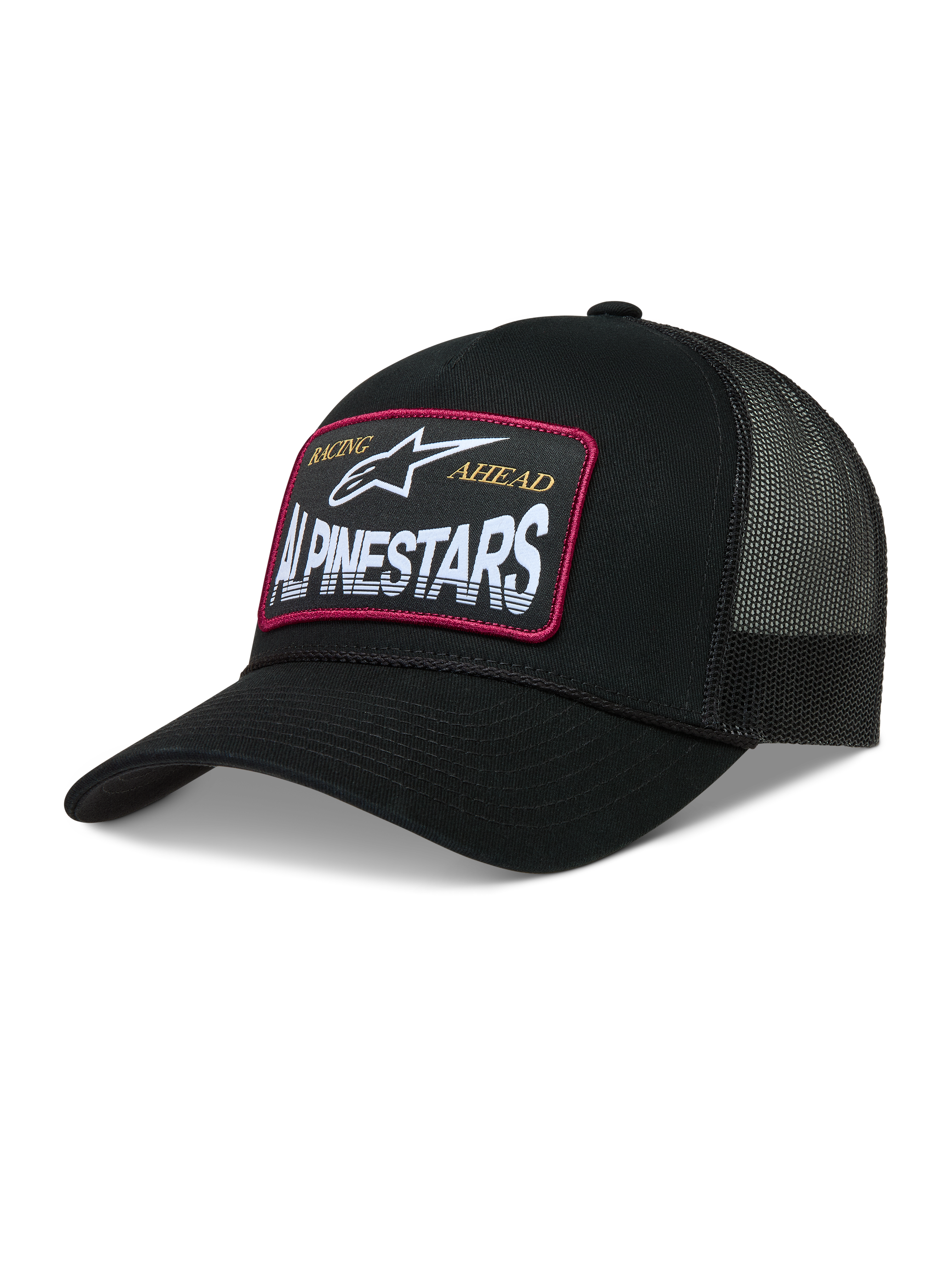 Alpinestars Hemmings, gorra negra con rejilla trasera, parche de logotipo con borde rojo y panel frontal de sarga.