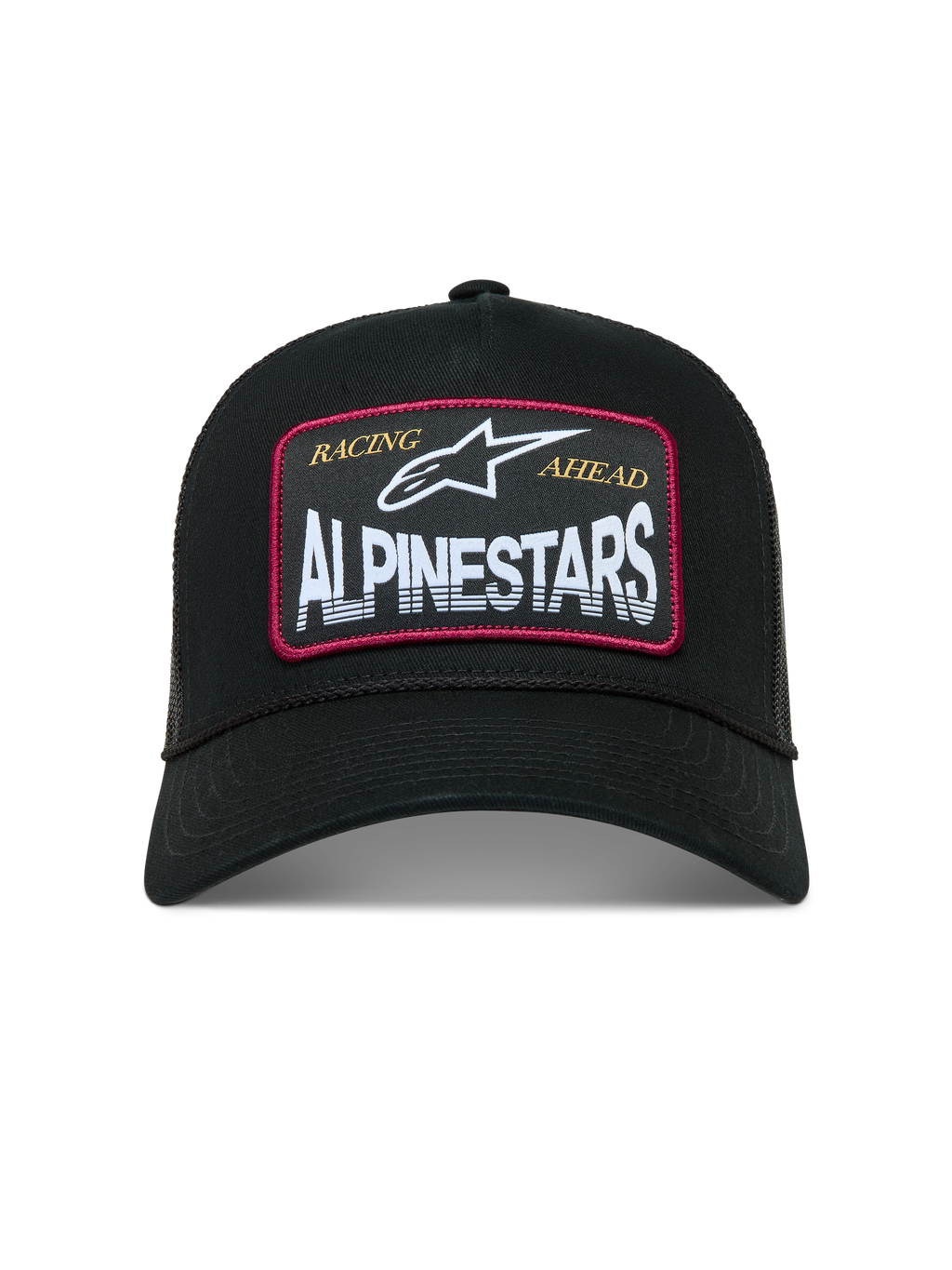 Alpinestars Hemmings, gorra negra tipo trucker con parche de logotipo blanco, detalles rojos y malla trasera transpirable.