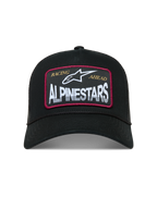 Alpinestars Hemmings, gorra negra tipo trucker con parche de logotipo blanco, detalles rojos y malla trasera transpirable.