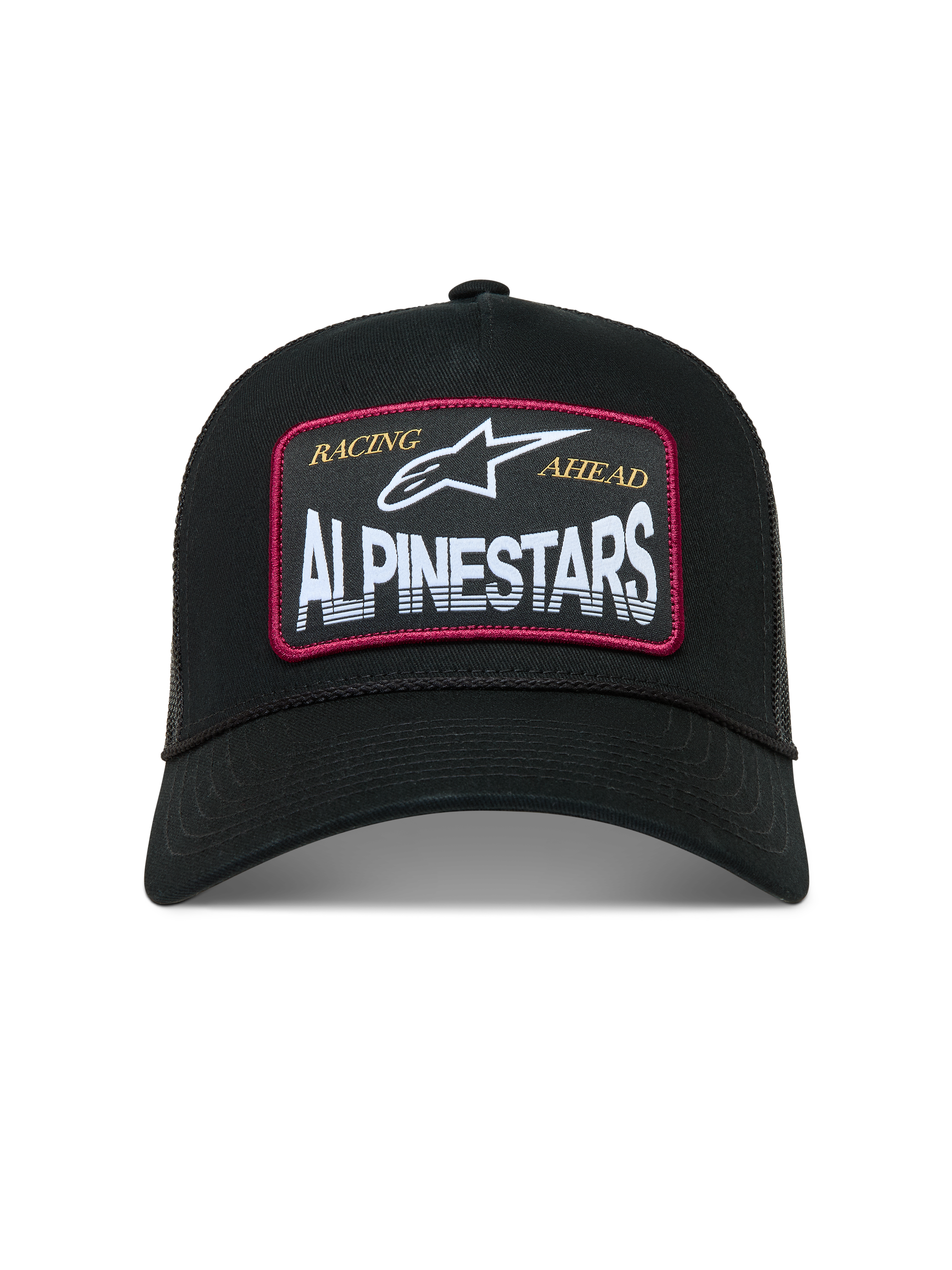 Alpinestars Hemmings, gorra negra tipo trucker con parche de logotipo blanco, detalles rojos y malla trasera transpirable.