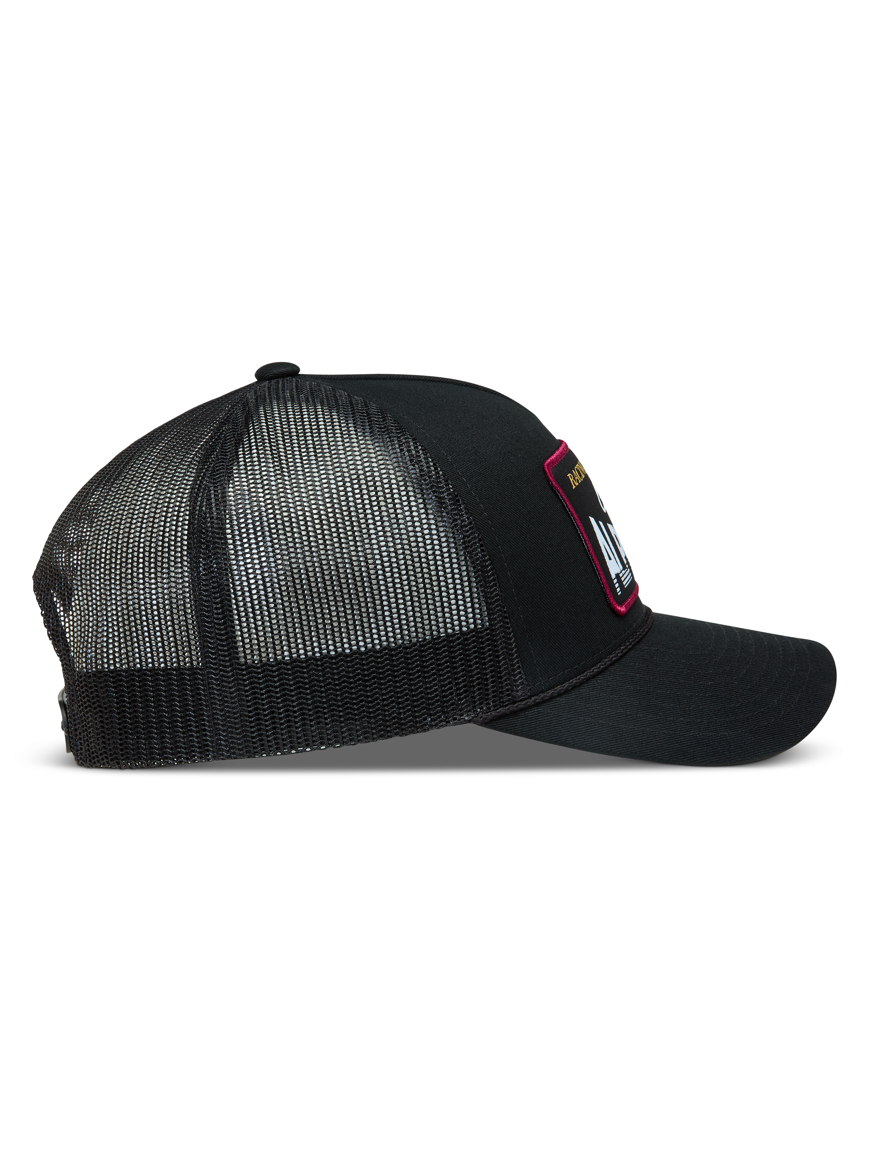 Alpinestars Hemmings Gorra con visera, negra, vista lateral con frontal de sarga y malla de poliéster transpirable