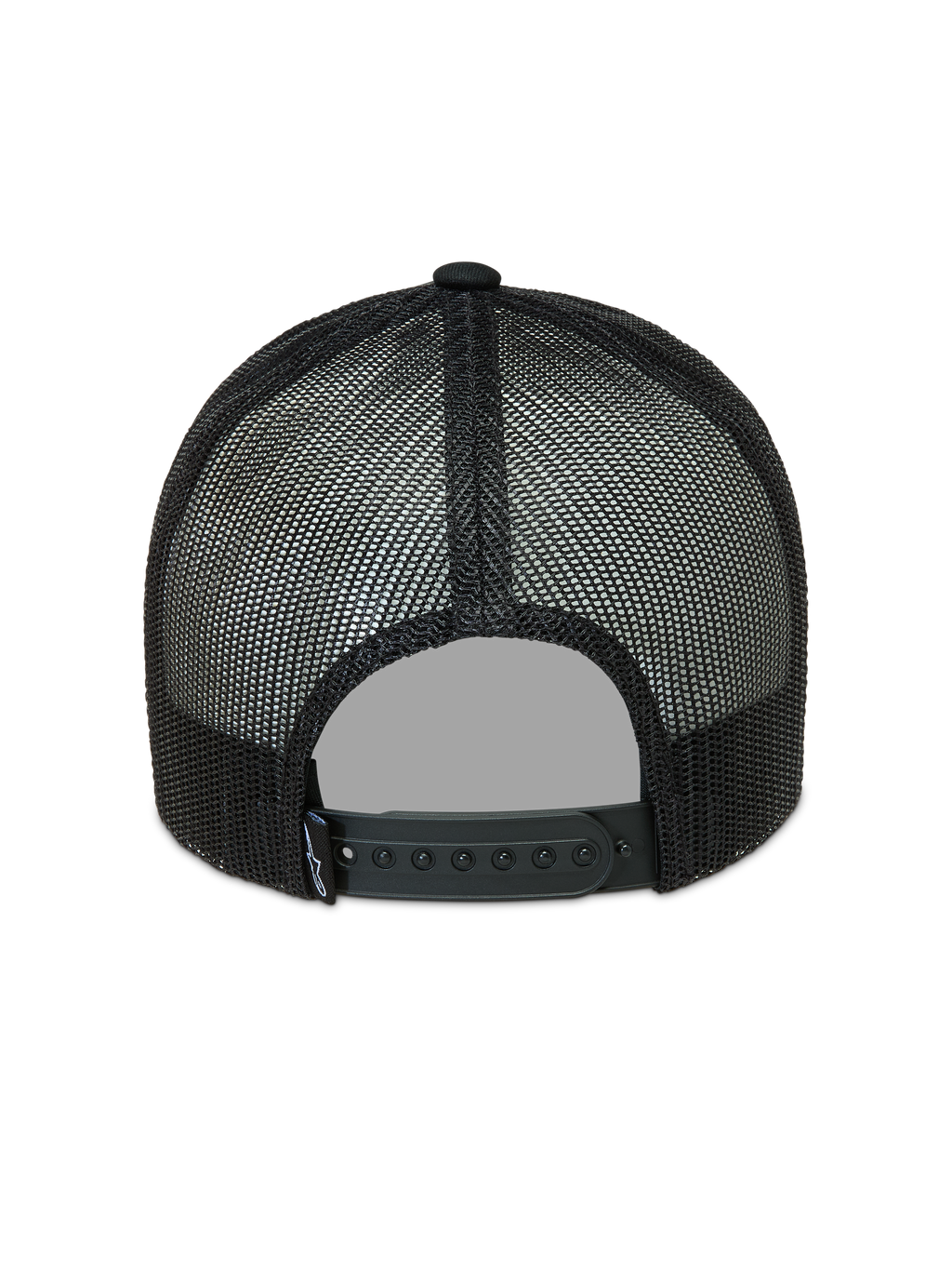 Alpinestars Hemmings, gorra negra tipo trucker, vista trasera con paneles de malla de poliéster transpirable y cierre ajustable a presión