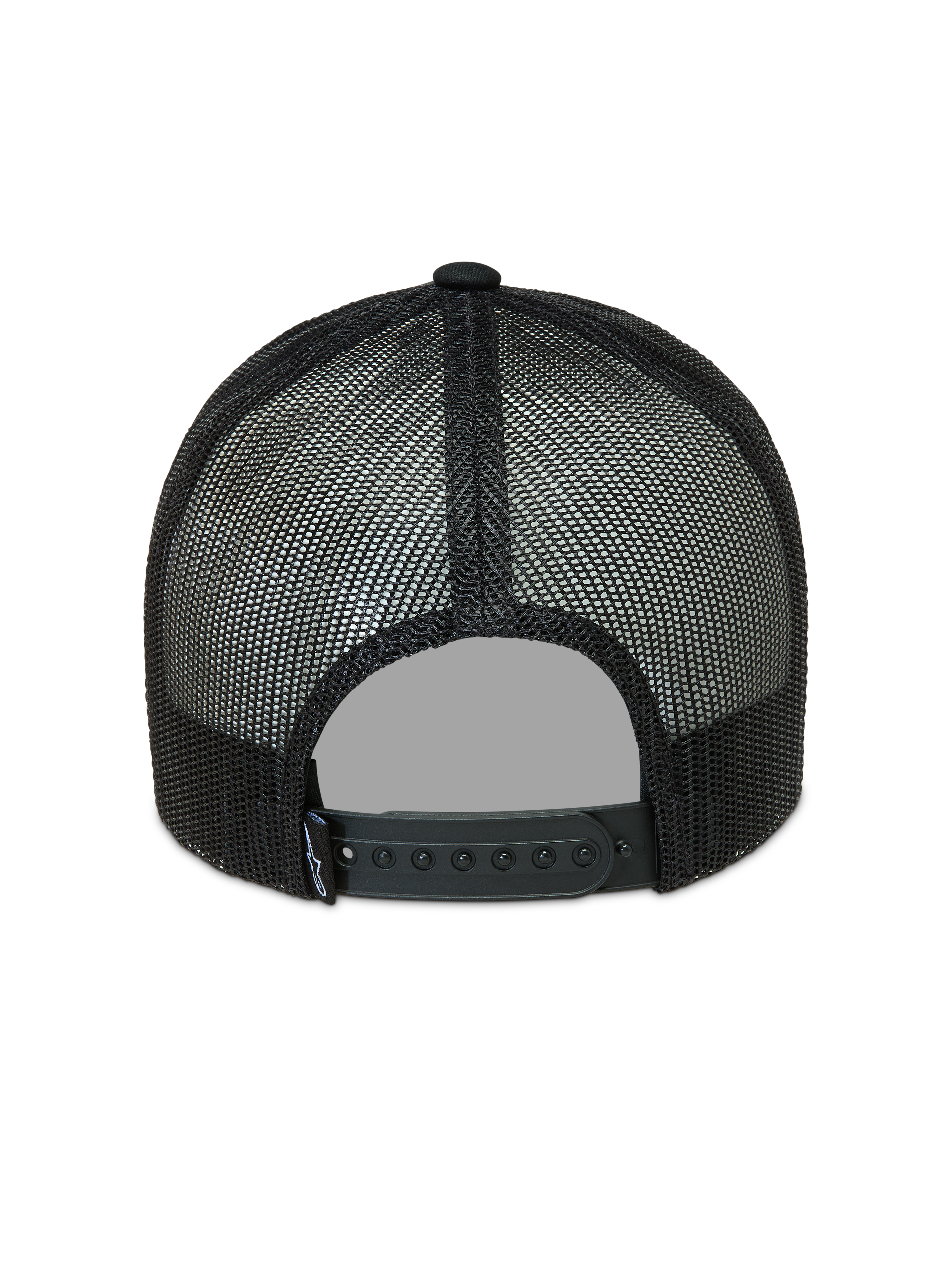 Alpinestars Hemmings, gorra negra tipo trucker, vista trasera con paneles de malla de poliéster transpirable y cierre ajustable a presión