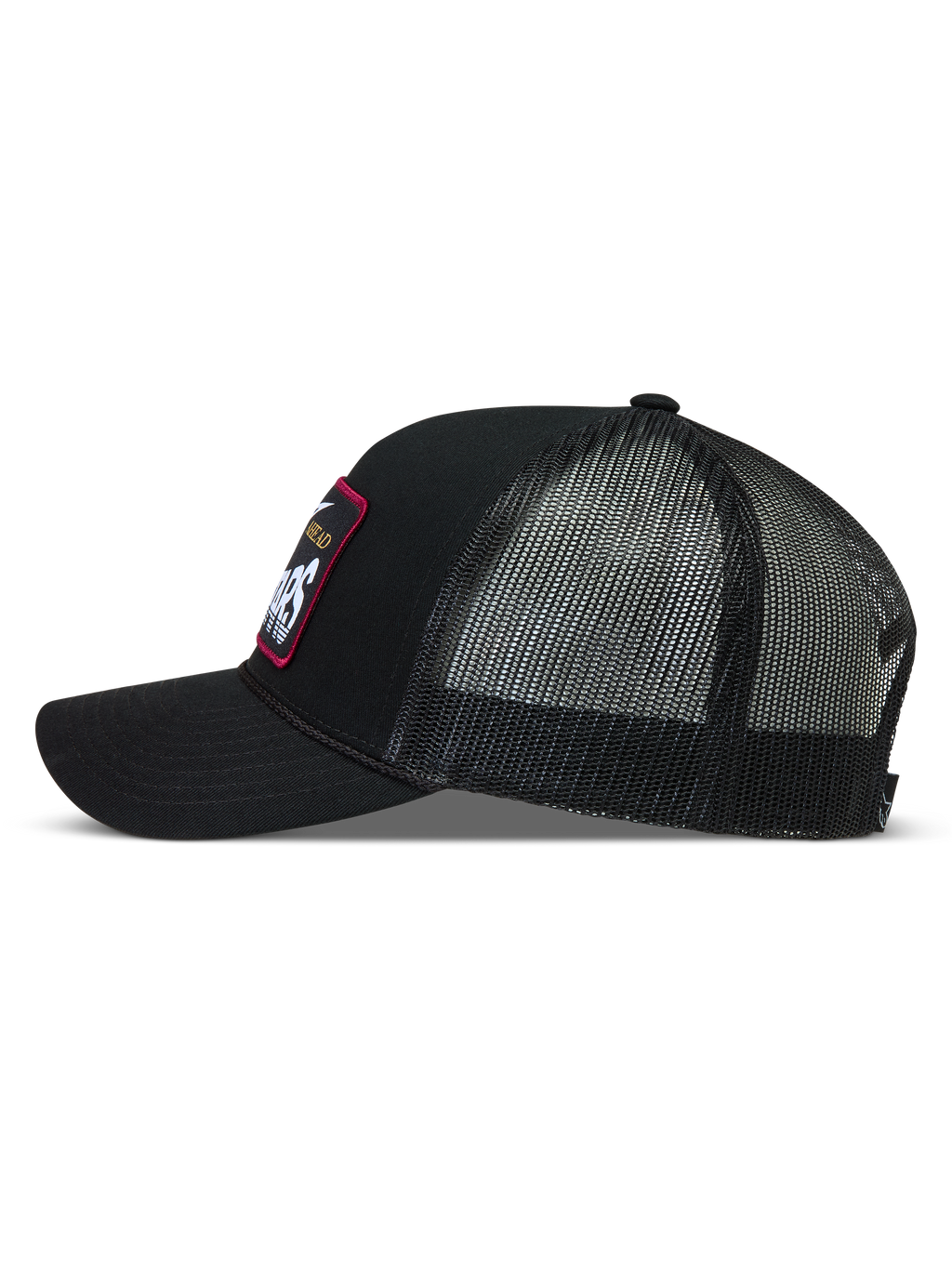 Alpinestars Hemmings, gorra negra tipo trucker de sarga y malla con parche de logotipo, perfil lateral