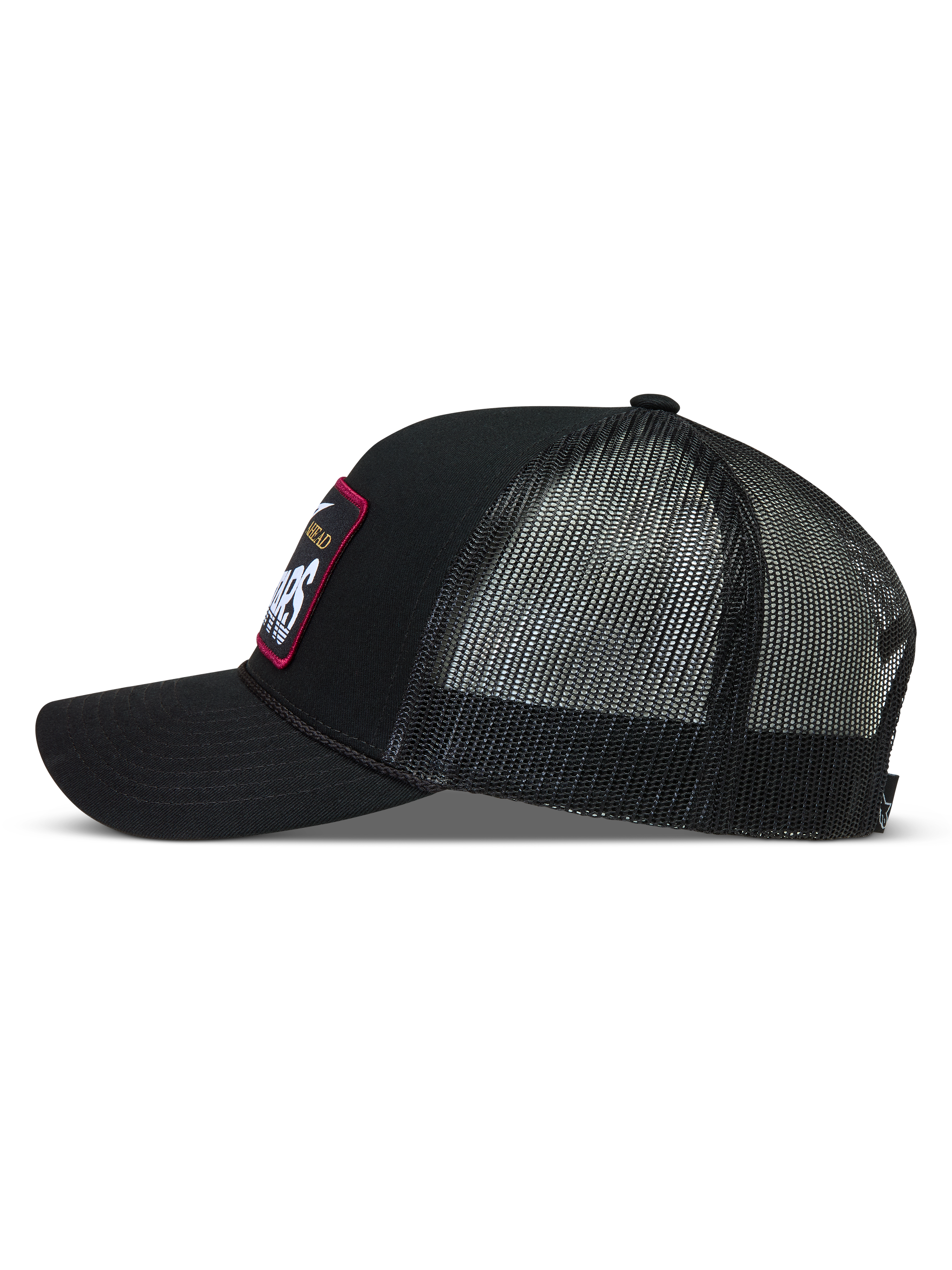 Alpinestars Hemmings, gorra negra tipo trucker de sarga y malla con parche de logotipo, perfil lateral
