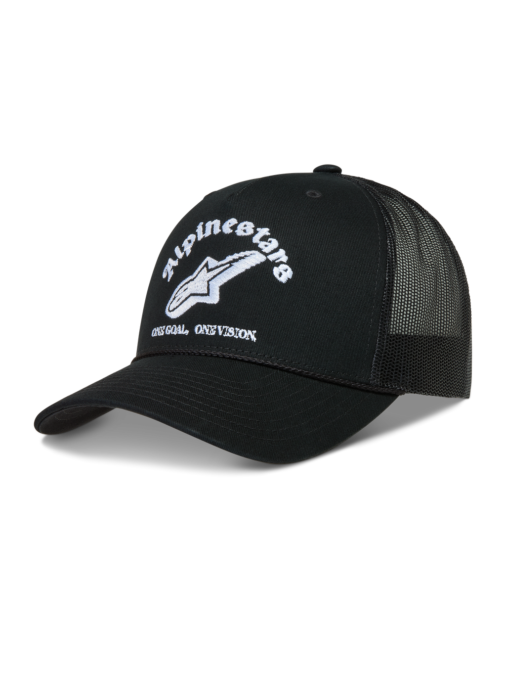 Alpinestars Baron, gorra negra con logotipo blanco bordado, visera curva y parte trasera de malla transpirable