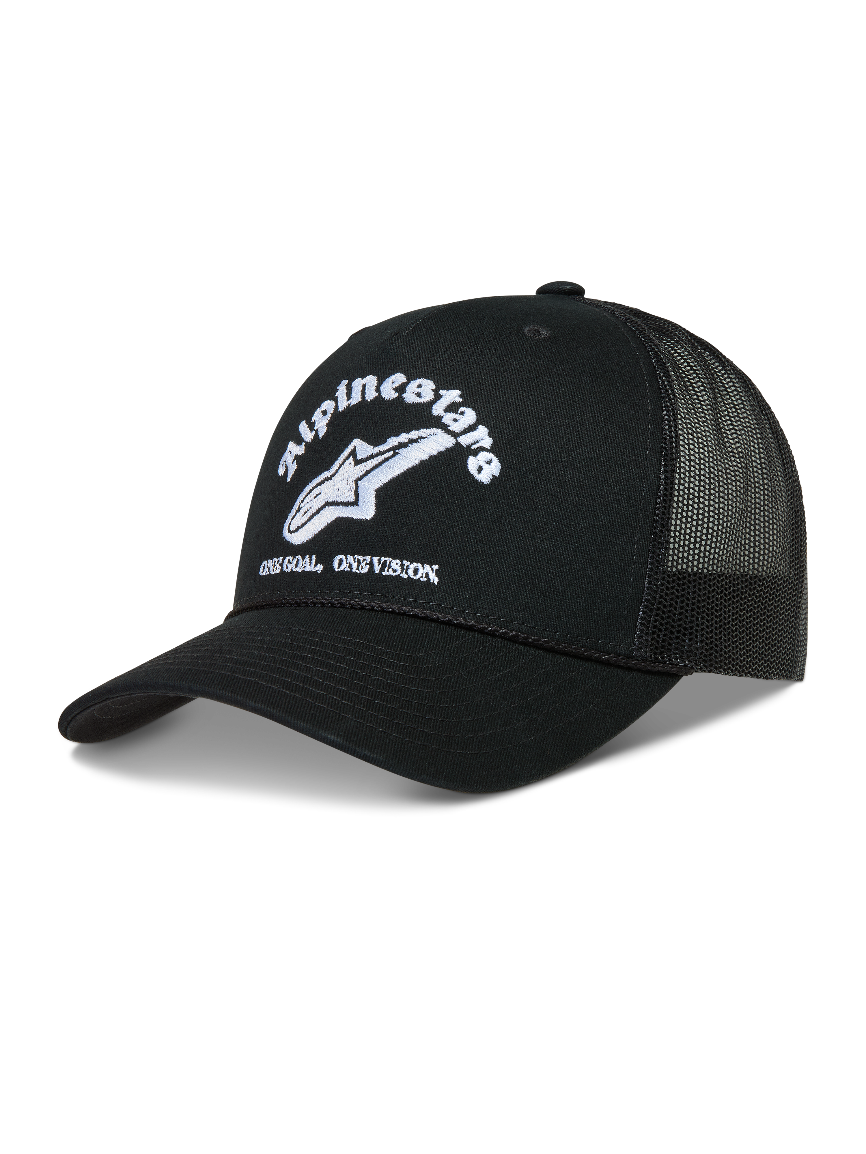 Alpinestars Baron, gorra negra con logotipo blanco bordado, visera curva y parte trasera de malla transpirable