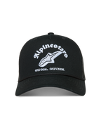 Alpinestars Baron, gorra de estilo trucker negra con logotipo bordado en blanco, visera curva y parte trasera de malla transpirable, ropa deportiva casual