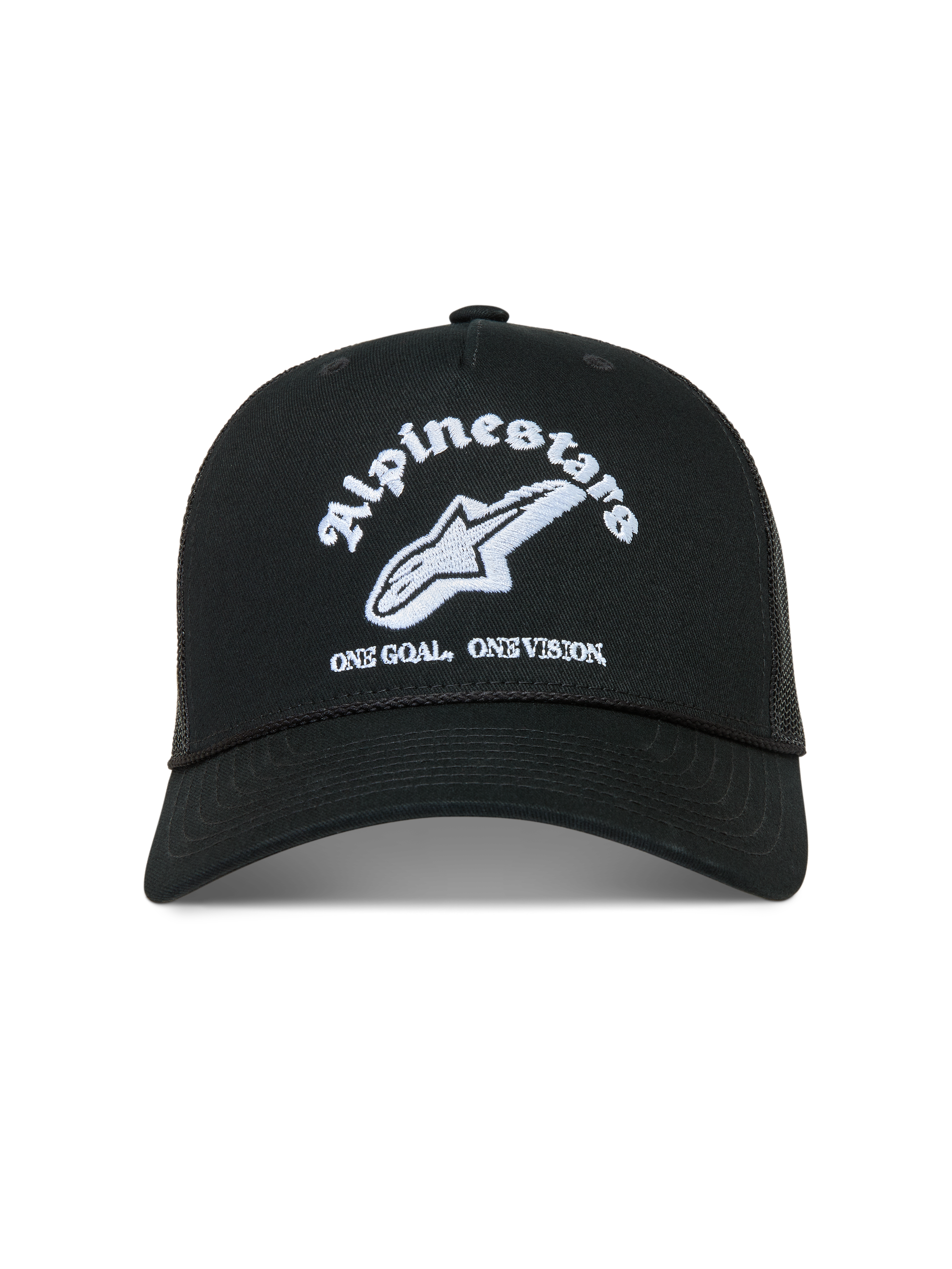 Alpinestars Baron, gorra de estilo trucker negra con logotipo bordado en blanco, visera curva y parte trasera de malla transpirable, ropa deportiva casual