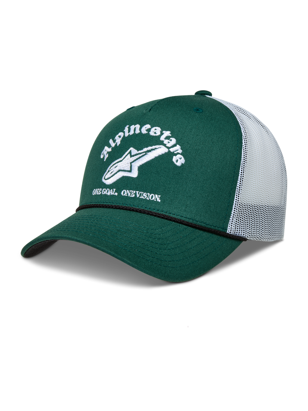 Alpinestars Baron Gorra, gorra trucker verde y blanca con visera curva, malla trasera y logotipo bordado frontal