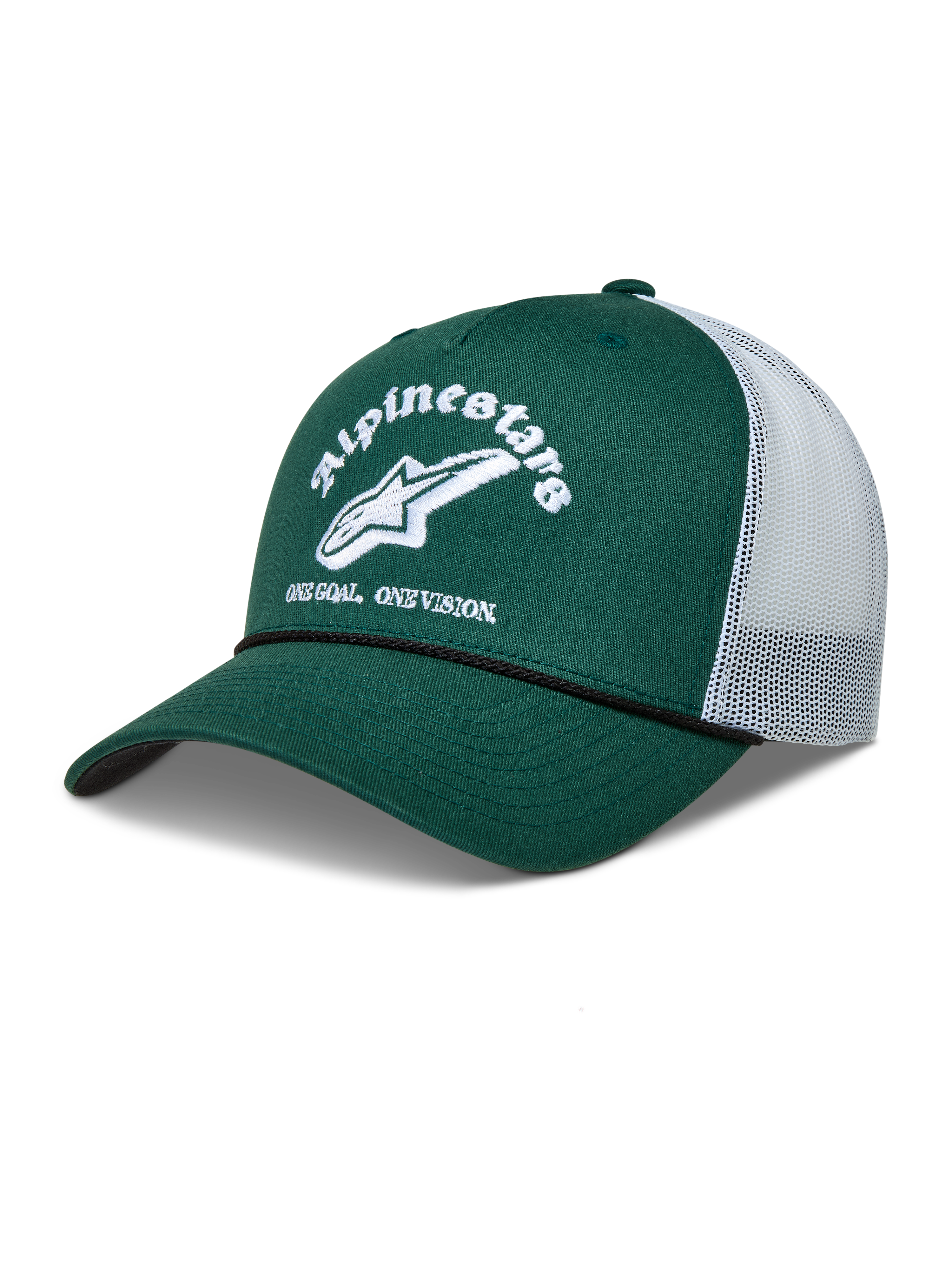 Alpinestars Baron Gorra, gorra trucker verde y blanca con visera curva, malla trasera y logotipo bordado frontal