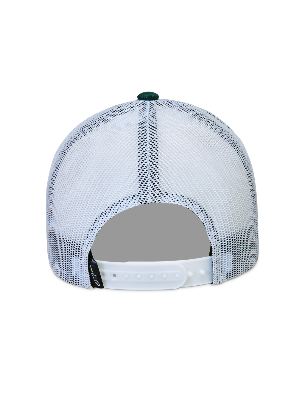 Alpinestars Baron, gorra blanca con paneles de malla, vista trasera con cierre ajustable a presión y detalle verde.