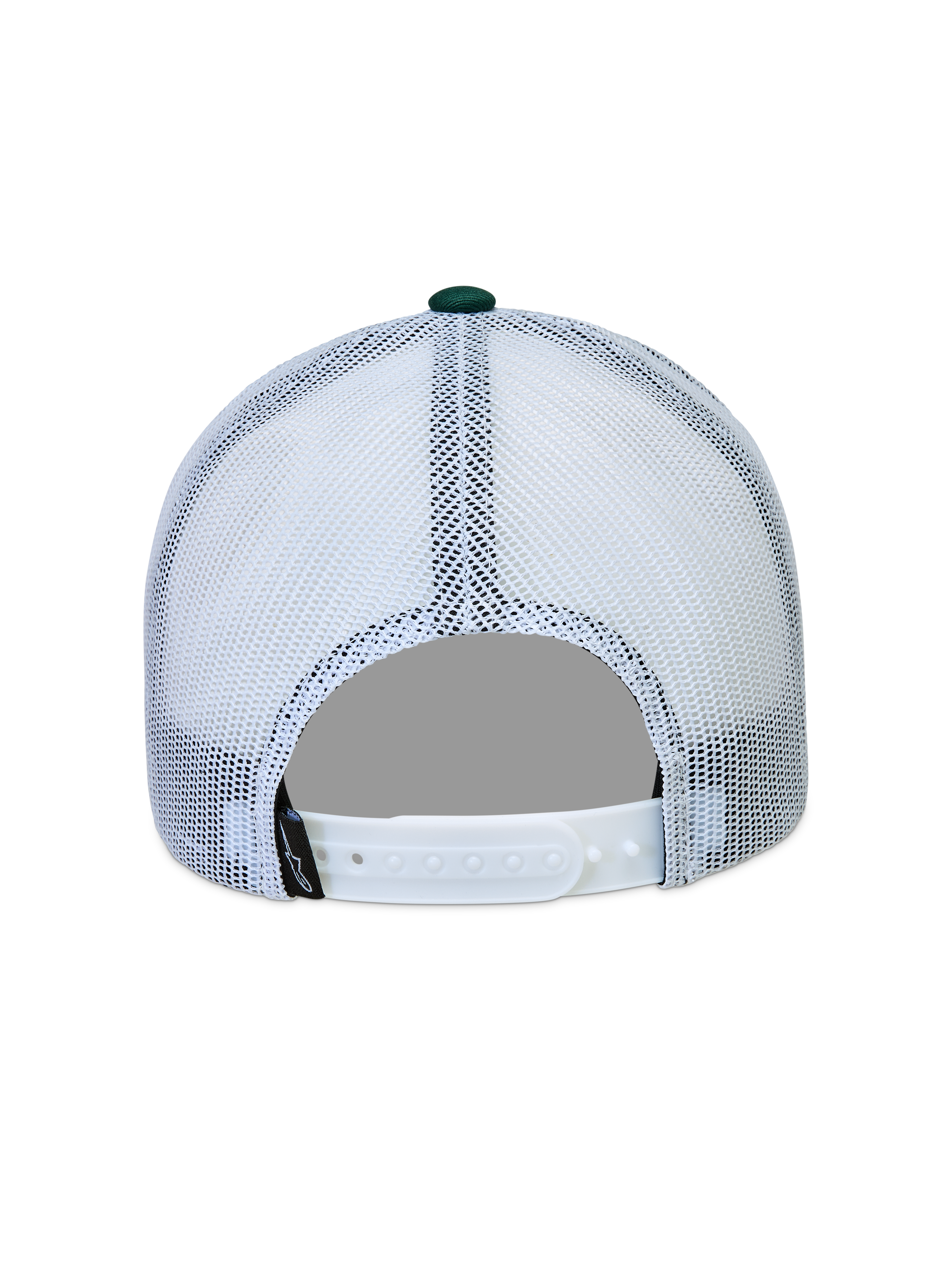 Alpinestars Baron, gorra blanca con paneles de malla, vista trasera con cierre ajustable a presión y detalle verde.
