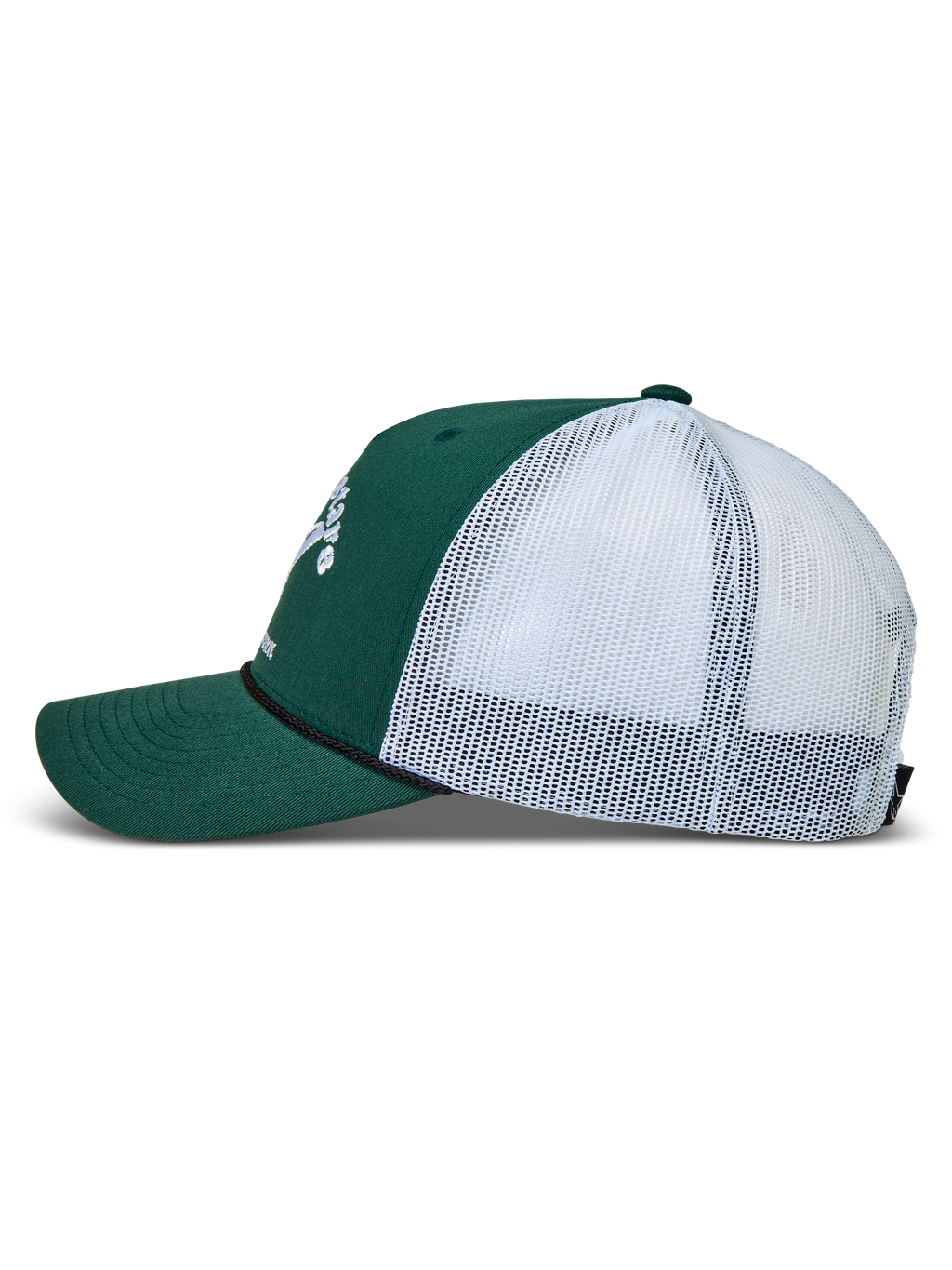 Alpinestars Baron, gorra de estilo trucker verde y blanca, vista lateral con sarga estructurada y malla trasera