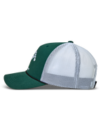 Alpinestars Baron, gorra de estilo trucker verde y blanca, vista lateral con sarga estructurada y malla trasera