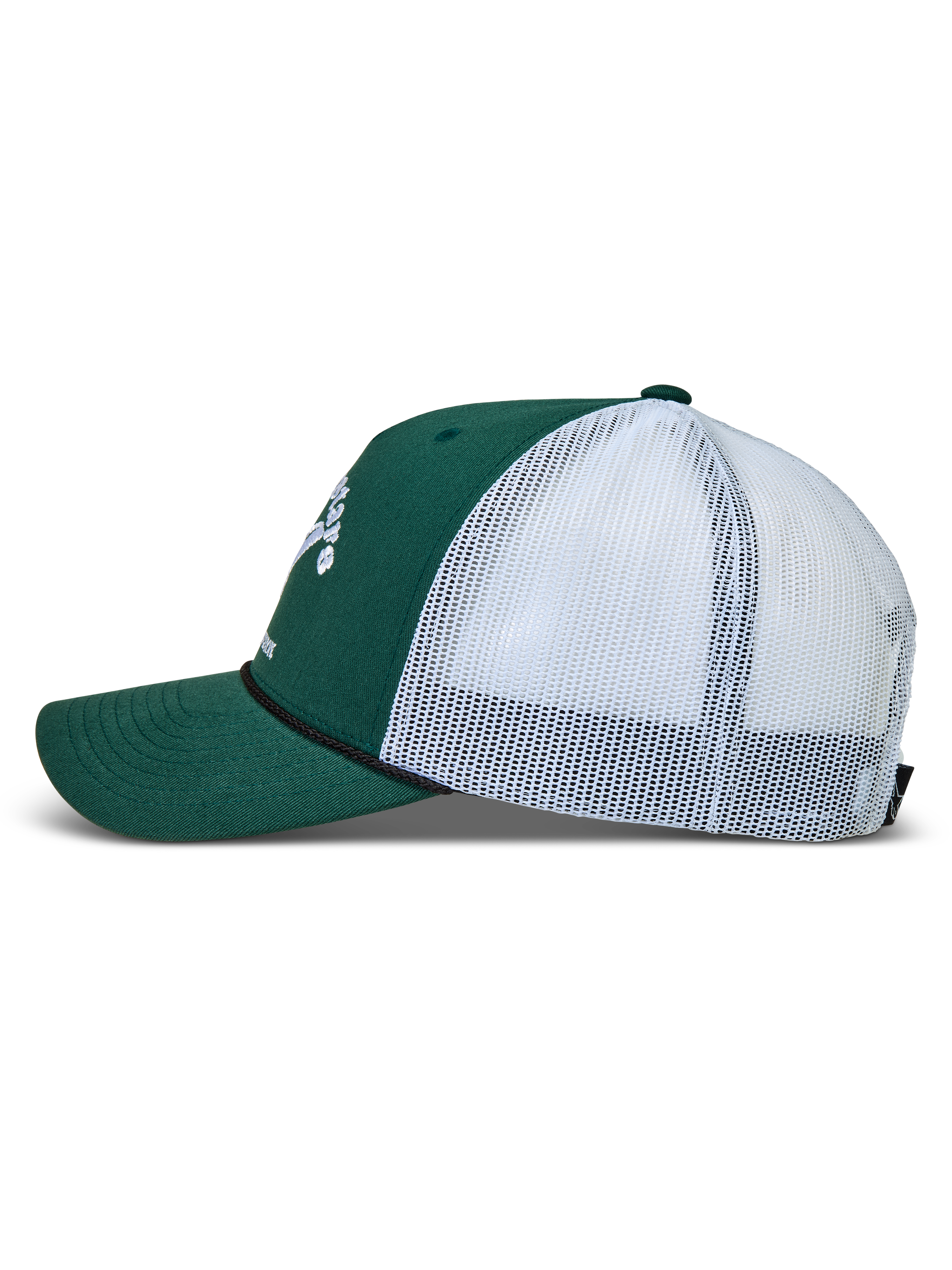 Alpinestars Baron, gorra de estilo trucker verde y blanca, vista lateral con sarga estructurada y malla trasera