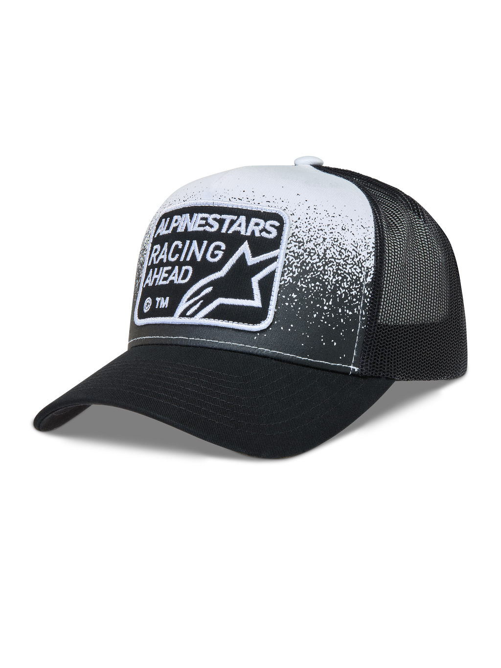 Alpinestars Gravel, gorra estilo trucker negra y blanca con malla, visera curva y parche Racing Ahead.